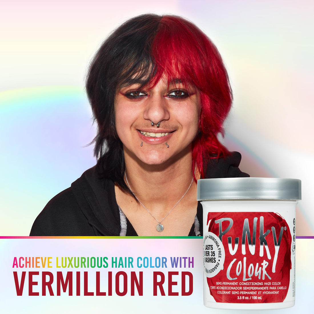 Punky Vermillion Red Semi Permanent Conditioning Hair Color, Vegan, PPD and Paraben Free, lasts up to 25 washes, 3.5oz