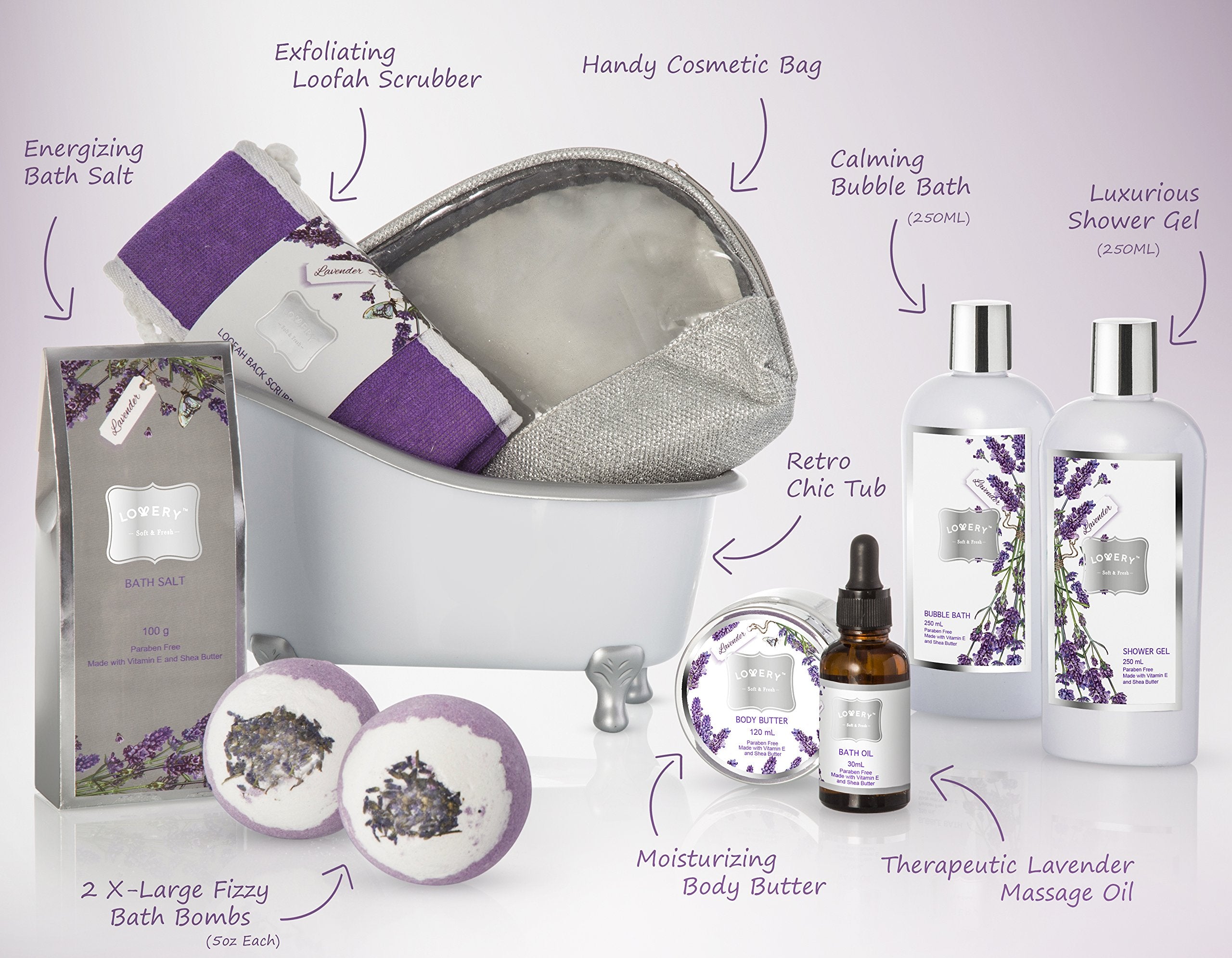 Mothers Day Bath Gift Basket Set for Women: Relaxing at Home Spa Kit Scented - Lavender and Jasmine with Large Bath Bombs, Salts, Shower Gel, Body Butter Lotion, Bath Oil, Bubble Bath, Loofah & More
