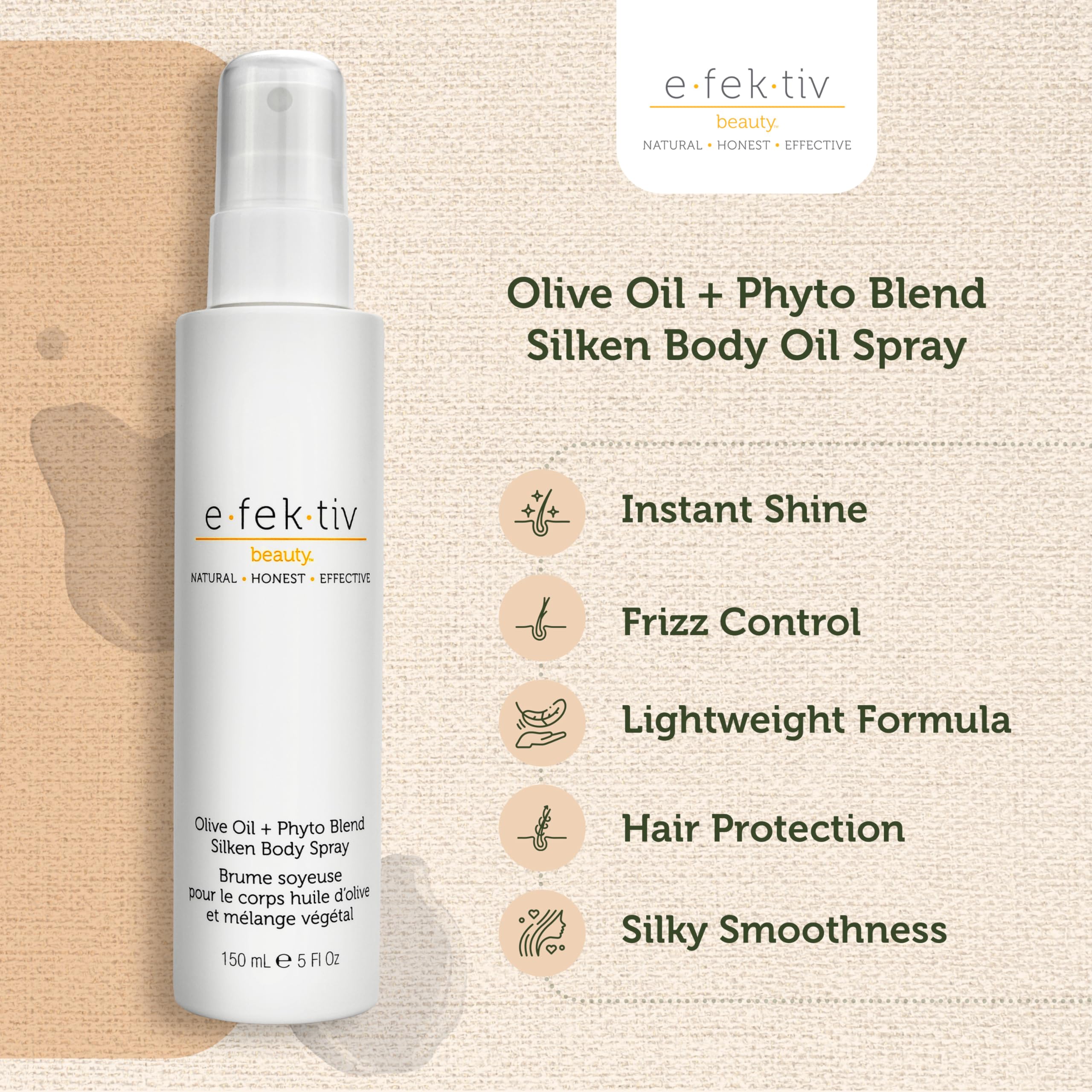 e.fek.tiv beauty Olive Oil + Phyto Blend Silken Body Spray - Ultra Moisturizing Mist for the Skin - Dry Oil Body Spray Moisturizer - No Gluten, Parabens, Sulfates - Cruelty Free - 5 Oz