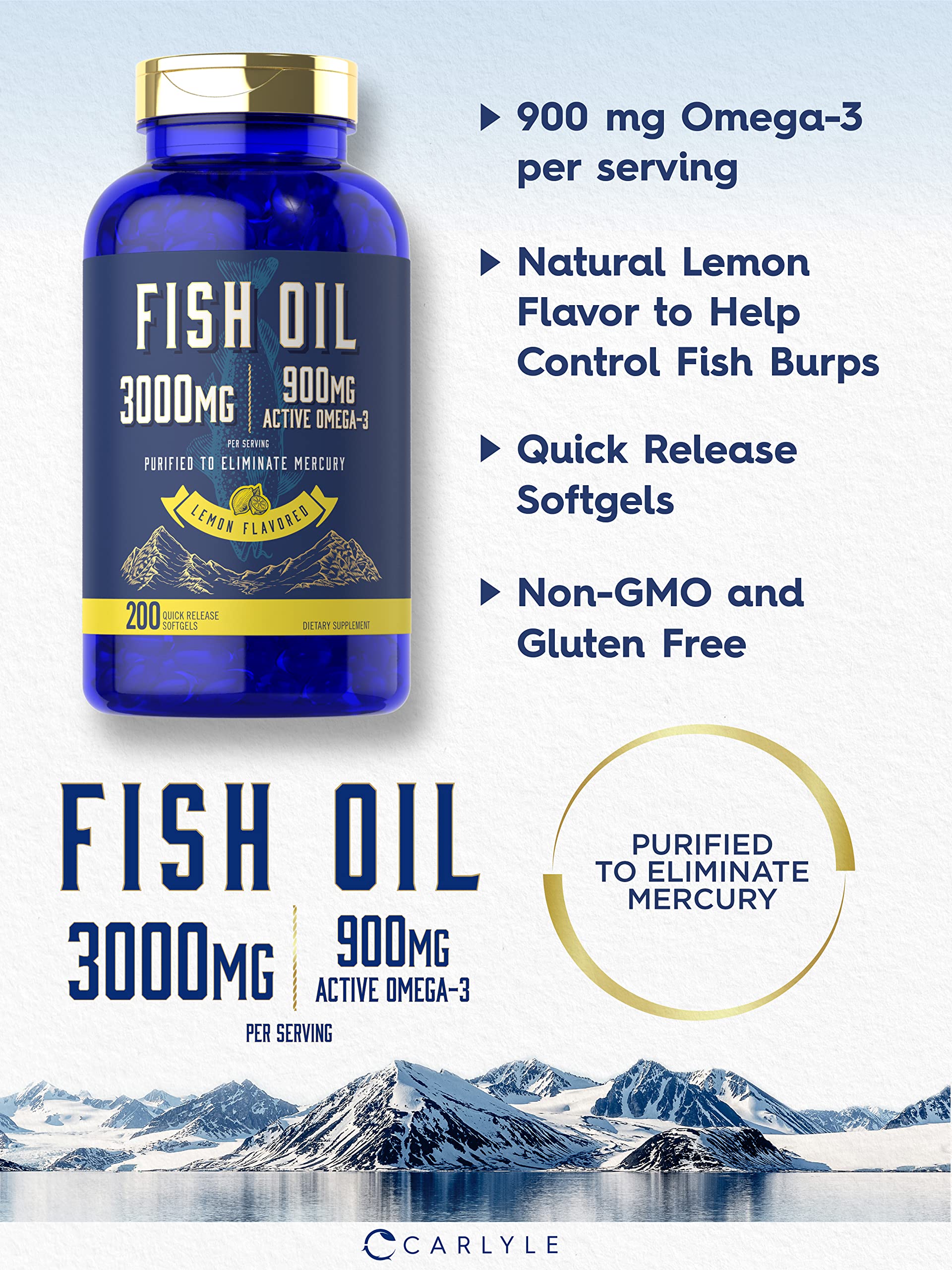 Carlyle Fish Oil 3000mg | 900mg Omega 3 | 200 Softgels | Lemon Flavor | Non-GMO and Gluten Free Supplement