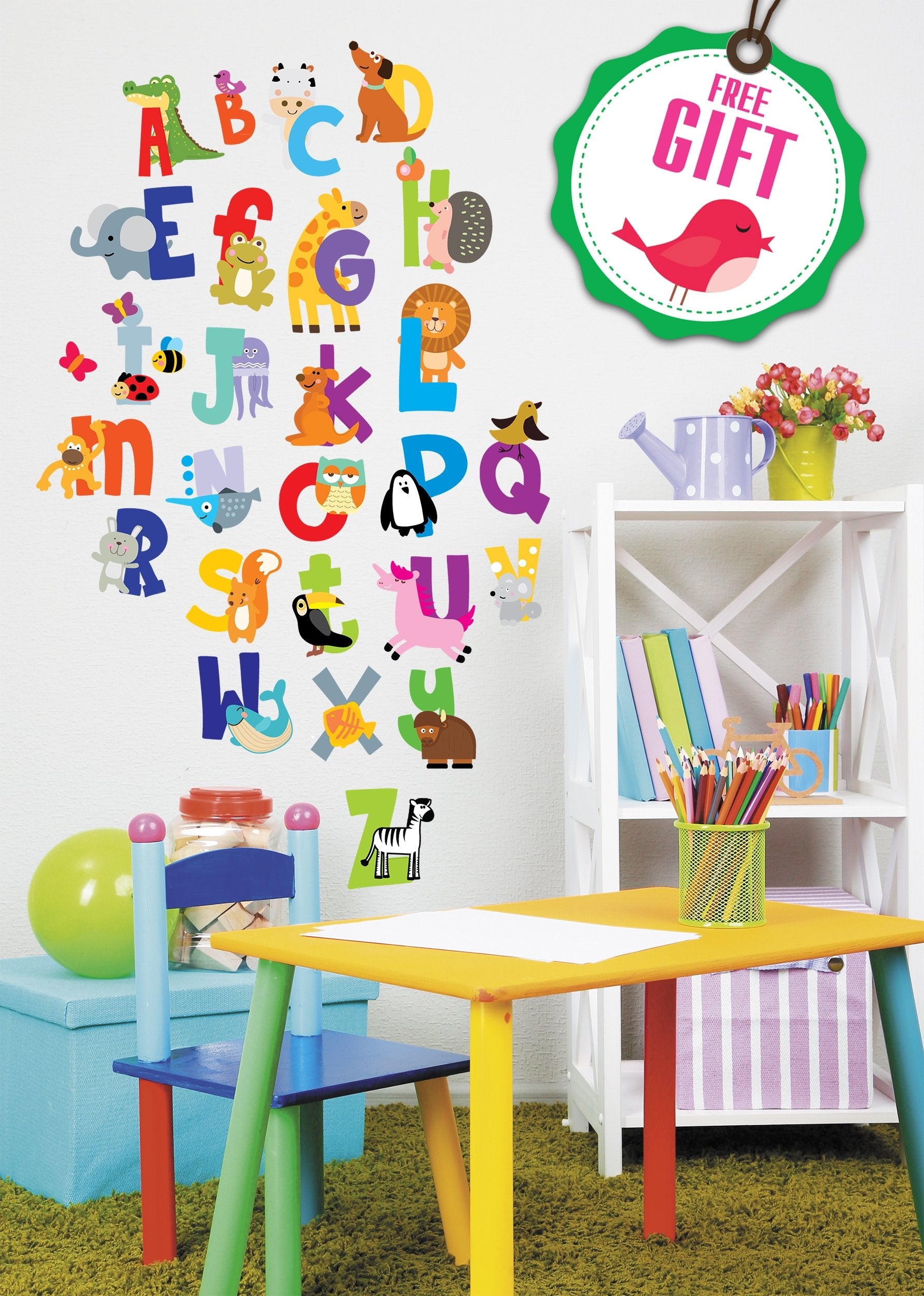 ABC Wall Decals - Alphabet Educational Animal Stickers - Classroom Decor - Playroom Decals for Wall - Animal Letters to Stick Kindergarden - Bedroom Stickers Kids ABC Lettering - [Gift Included]!
