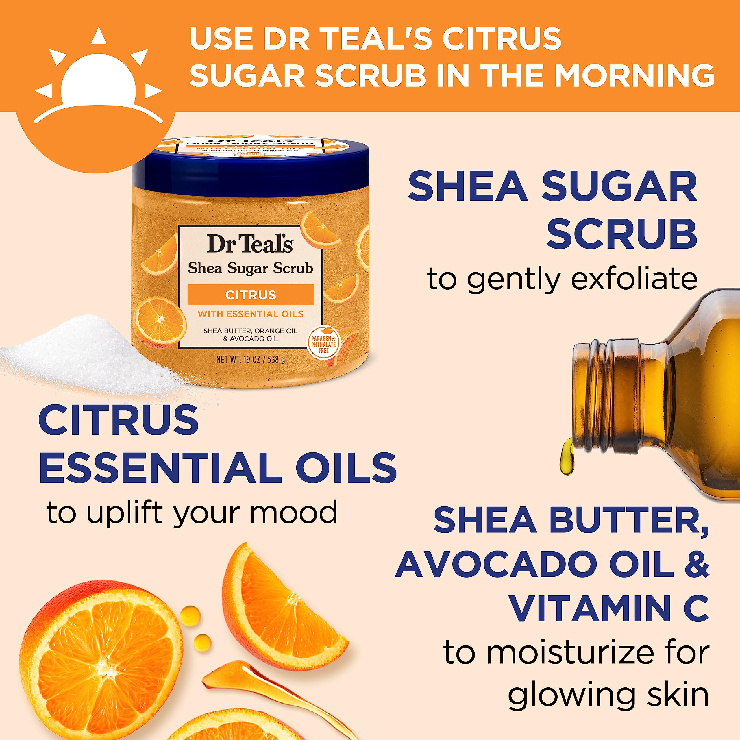 Dr Teal's Shea Sugar Body Scrub, Daytime/Nighttime with Vitamin C and Sleep Blend, 19 oz (Pack of 2)