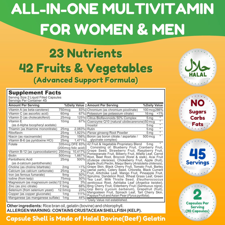 SHIFAA NUTRITION Halal Vitamins, Multivitamin for Women & Men – Comprehensive Support for Heart, Brain, Eye & Immune Health – Gluten, Dairy & Egg Free Mens Vitamins Multivitamin (45 Day Supply)