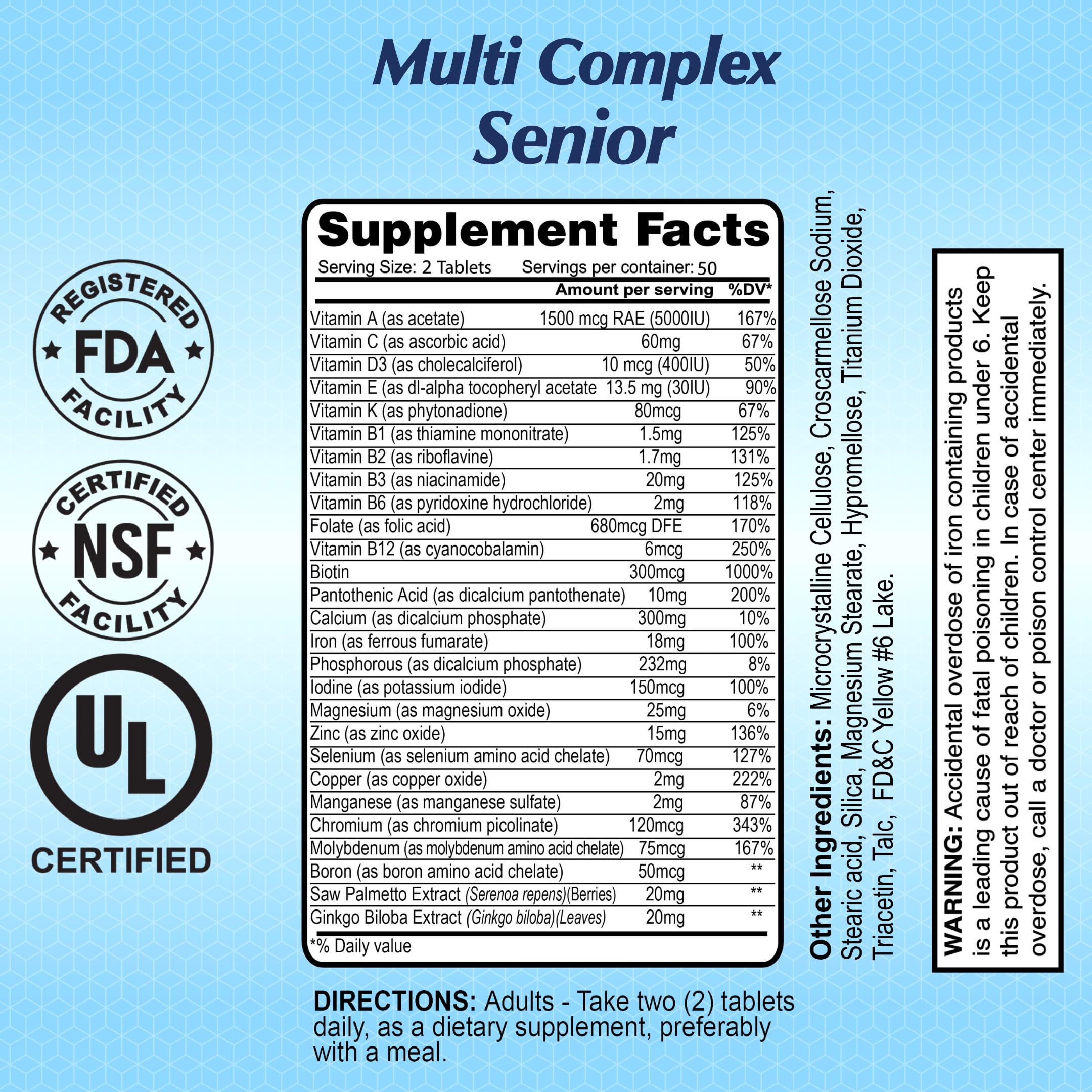 Multi Complex Senior - Nutritional Vitamins & Minerals for People Over 50 - Supports Cellular Energy Production and Every Day Health- 100 Tablets