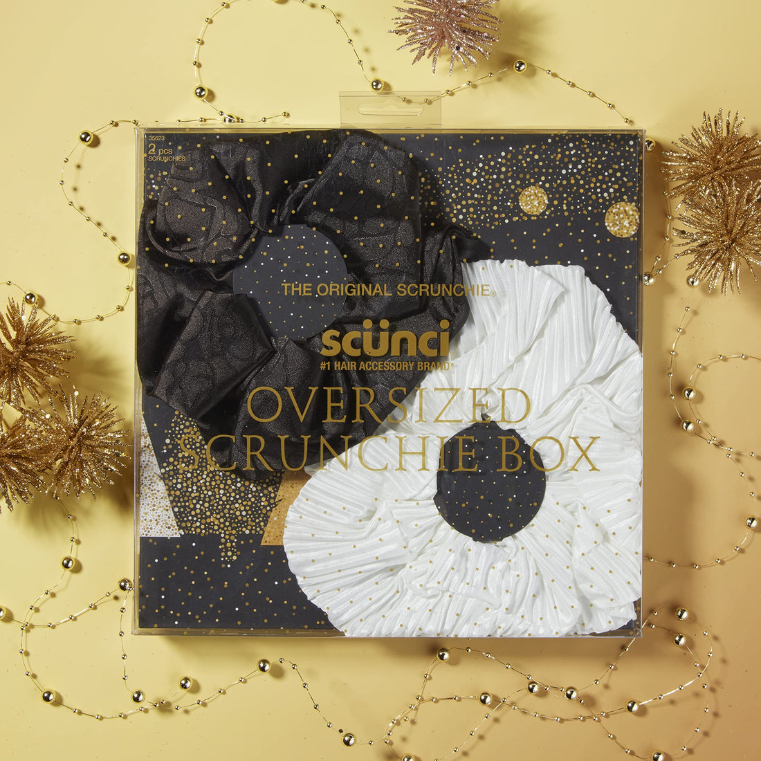 The Original Scrunchie® Jumbo XL Fashion Oversized Fabulous Fabric Gift Box Includes 2 Unique Designs: White Pleated Satin & Luxury Black Jacquard in Acrylic Presentation Box
