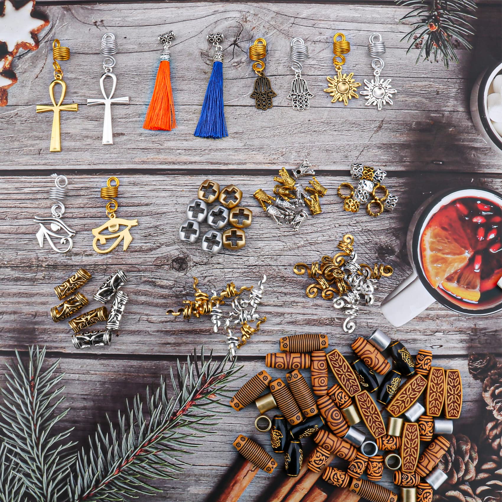 110PCS Retro Metal Dreadlock Accessories Hair Tube Beads Wooden-Like Beads Handmade DIY Tassel Hair Decoration Hair Jewelry for Locs Braids Men Women Hip-Hop Style