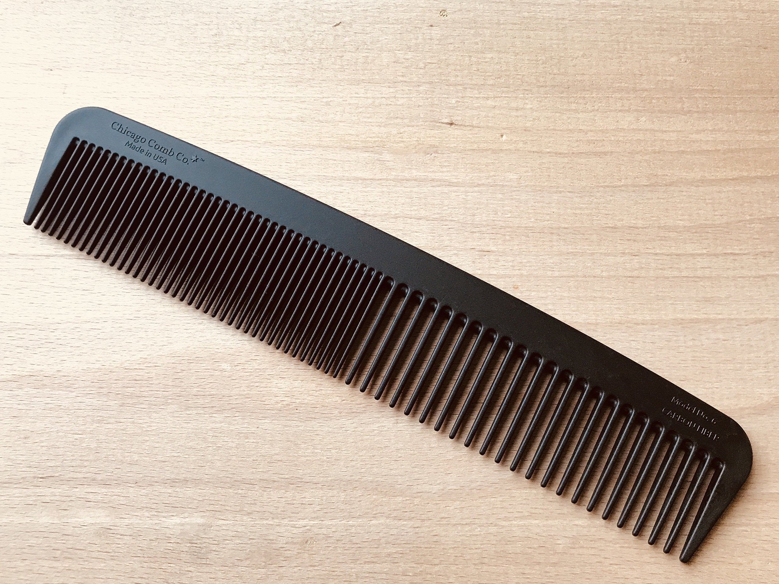 Chicago Comb Model 6 Carbon Fiber, Made in USA, fine & wide tines, ultra smooth, strong & light, anti-static, heat-resistant, 7 (17.8 cm) long, ultimate styling comb, men & women, professional grade