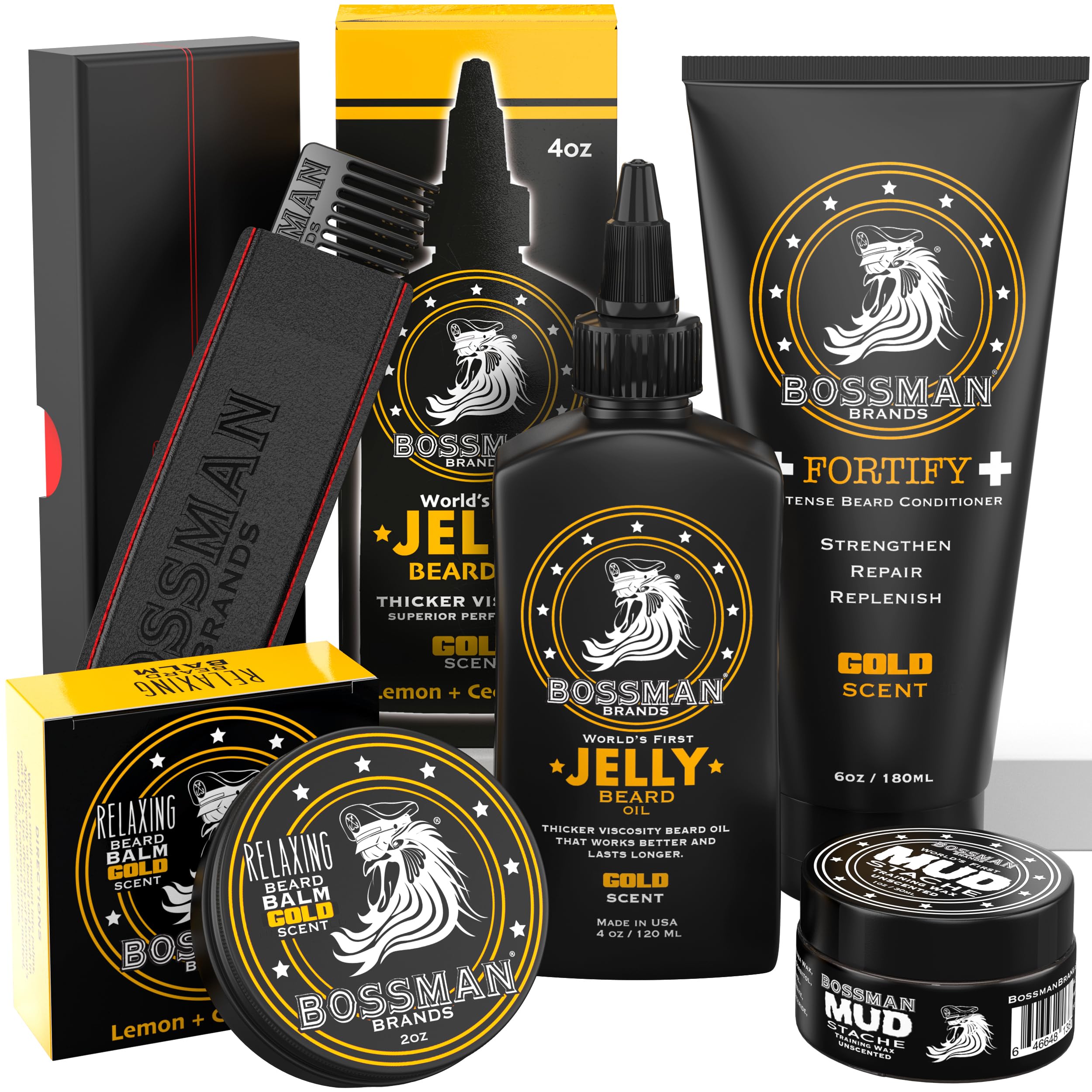 Complete Facial Hair Care Kit - Gold Scent - Jelly Beard Oil, Relax Beard Balm, Fortify Intense Beard Conditioner, Mudstache Mustache Wax and Metal Beard & Mustache Comb included by Bossman Brands
