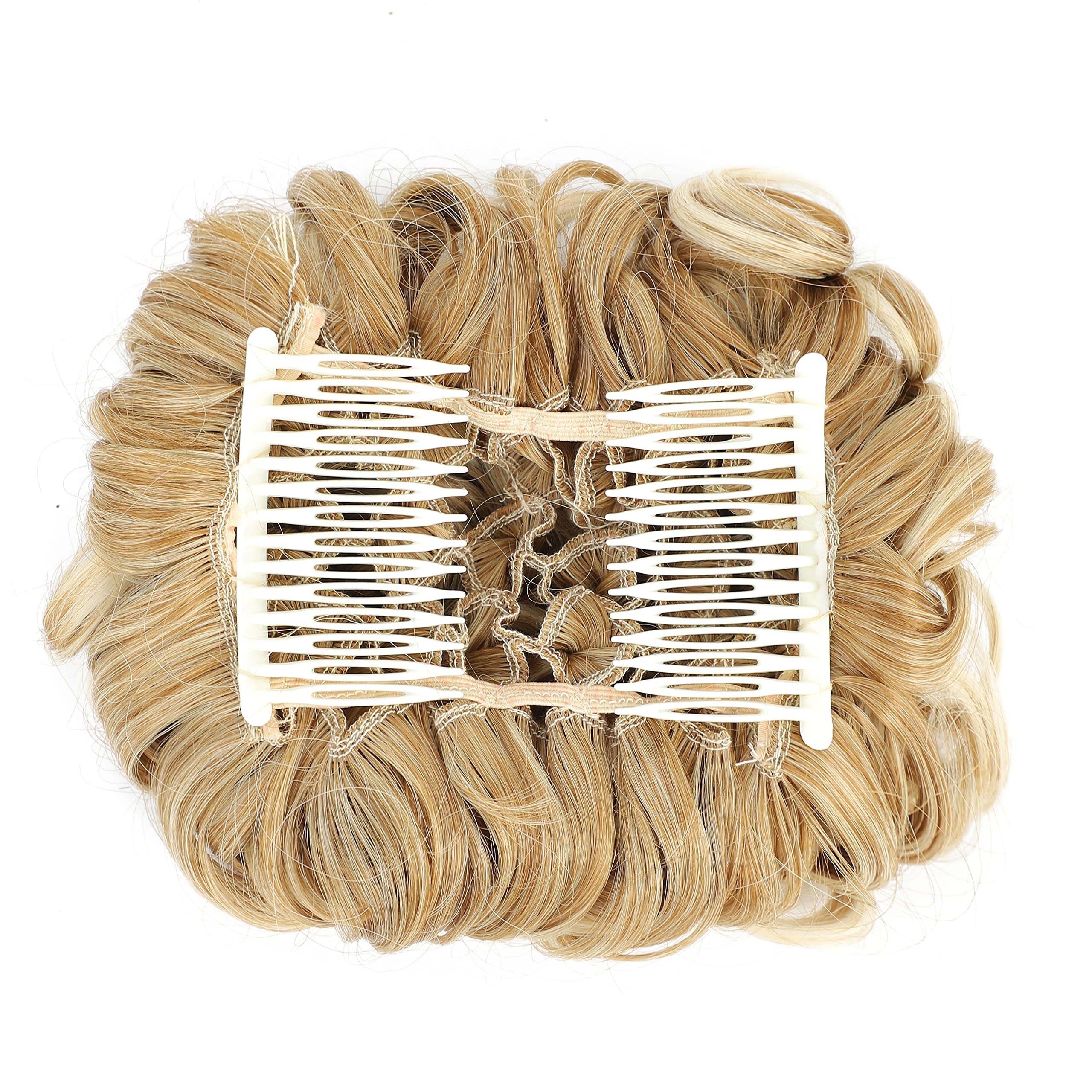 Blonde Mixed-27T613# : SWACC Short Messy Curly Dish Hair Bun Extension Easy Stretch hair Combs Clip in Ponytail Extension Scrunchie Chignon Tray Ponytail (Blonde Mixed-27T613#)