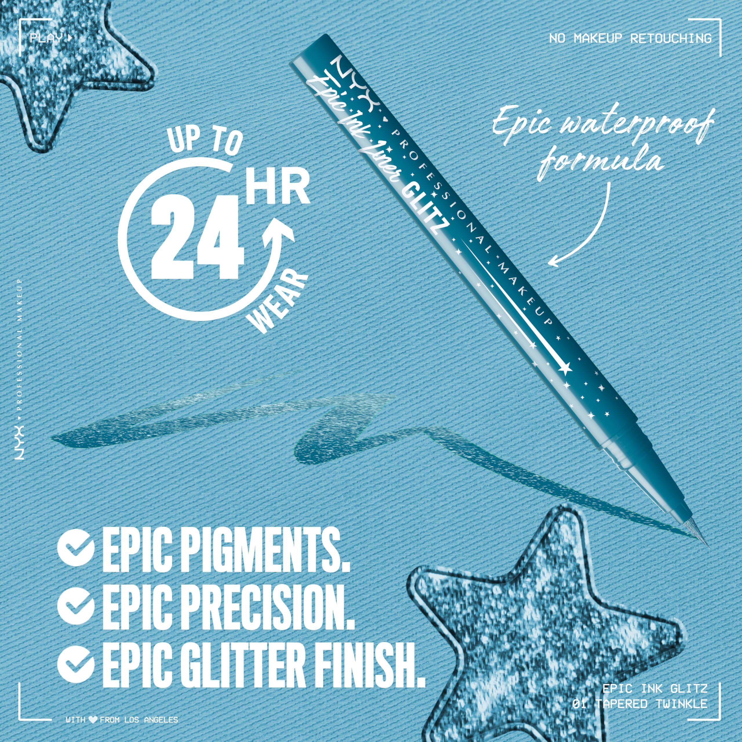 NYX PROFESSIONAL MAKEUP Epic Ink Glitz Liner, Waterproof Metallic Liquid Eyeliner with Vegan Formula - Tapered Twinkle (Shimmer Teal Blue)