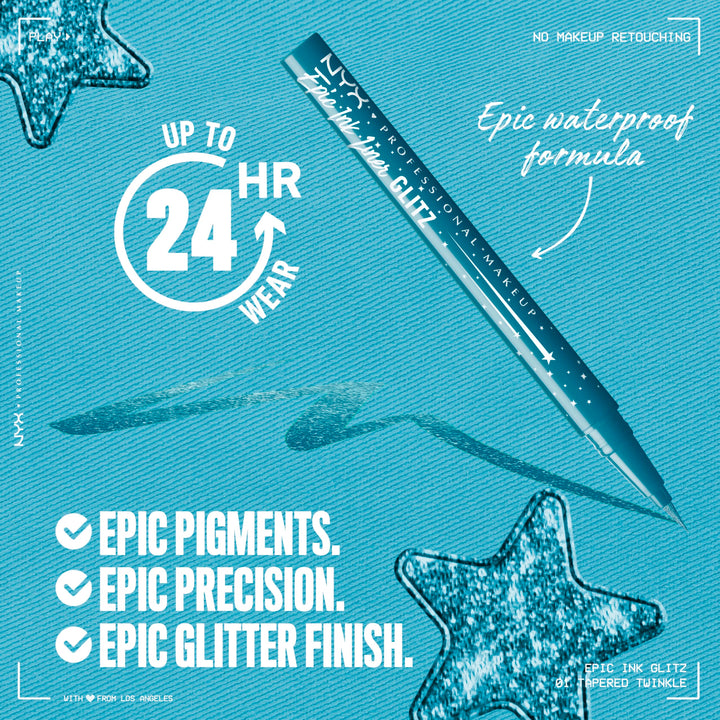 NYX PROFESSIONAL MAKEUP Epic Ink Glitz Liner, Waterproof Metallic Liquid Eyeliner with Vegan Formula - Tapered Twinkle (Shimmer Teal Blue)