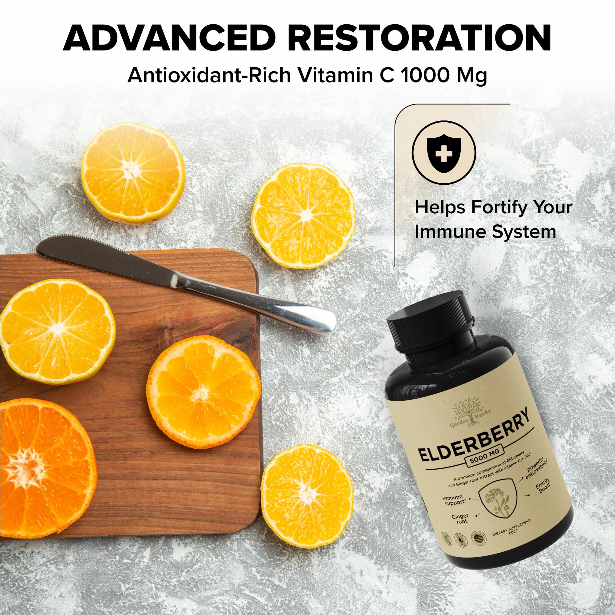 Garden of Herbz Elderberry with Vitamin C, Zinc, & Ginger – Potent Immune Booster 5000 Mg Elderberry, Zinc, & Vitamin C – Non-GMO Immunity Vitamins for Adults to Help You Feel Vibrant, 60 Caps.
