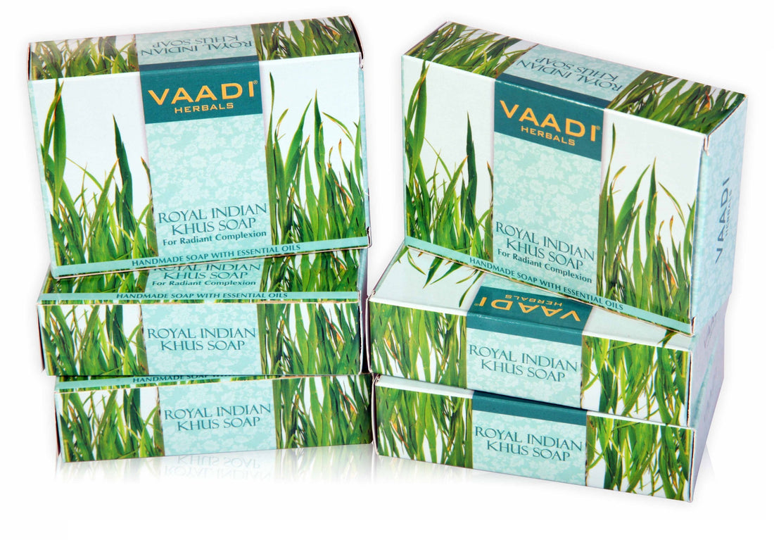 Vetiver Soap (Royal Indian Khus Bar Soap) with Olive and Soybean Oil - Handmade Herbal Soap with 100% Pure Essential Oils - ALL Natural - Each 2.65 Ounces - Pack of 6 (16 Oz) - Vaadi Herbals