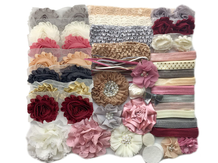 Bowtique Emilee Baby Shower Headband Kit - Makes Over 30 Headbands, DIY Activity, Includes 5/8 Fold Over Elastic, 1/8 Skinny Elastic, Felt Circles, Embellishments, and More - Antique