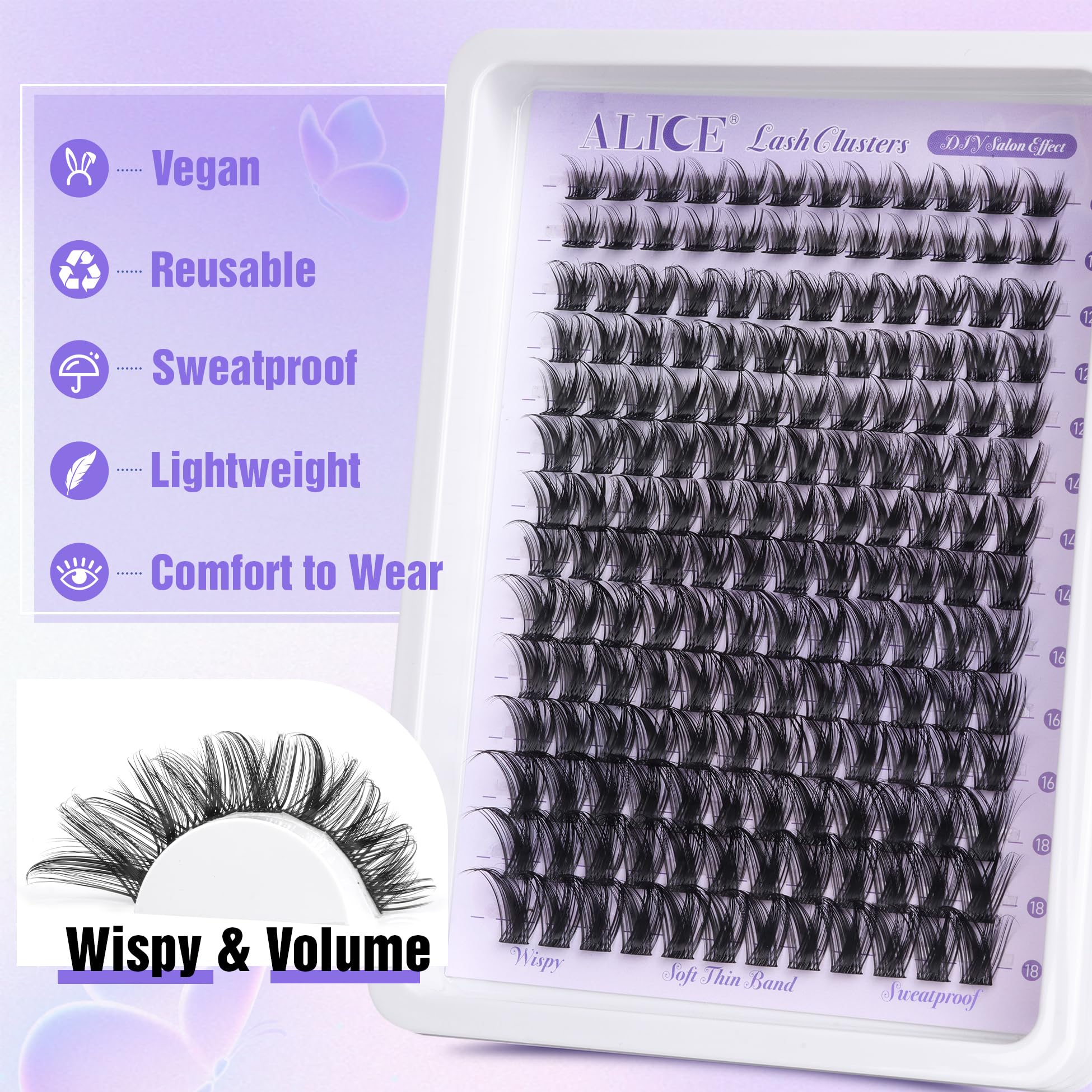 ALICE Lash Clusters Wispy Eyelash Clusters 168pcs 10-18mm Cluster Eyelash Extensions Natural Volume Lash Extensions DIY Individual Lashes Clusters with Soft Thin Band
