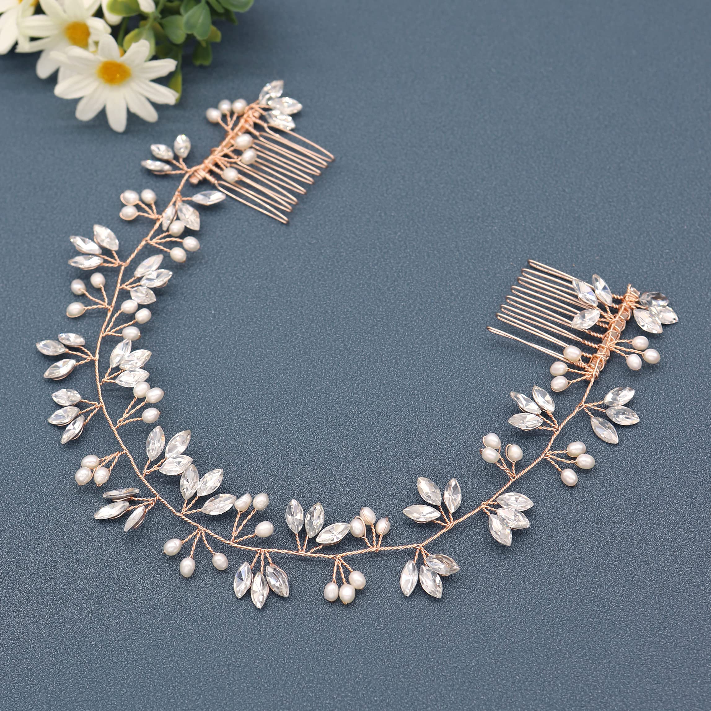 Ammei Crystal Bridal Headpiece Wedding Headband With Genuine Freshwater Pearls And Combs Hair Accessories For Bride Bridesmaid (Rose Gold)