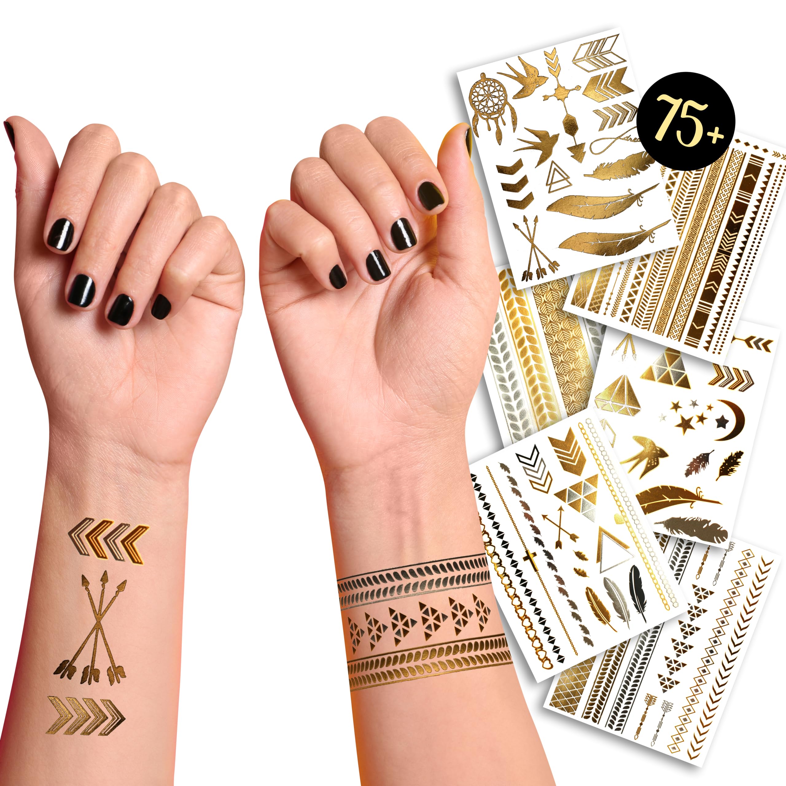 Premium Metallic Temporary Hair Tattoos - 75+ Contemporary Boho Shimmer Designs in Gold & Silver (Hazel Collection)
