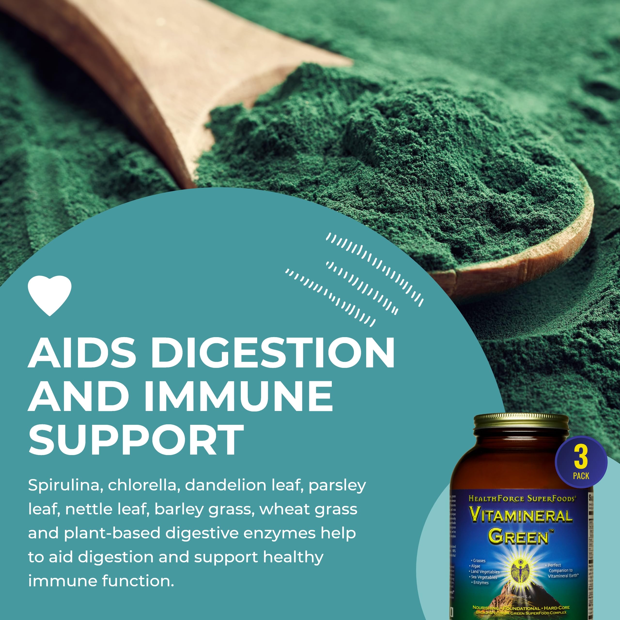 HealthForce SuperFoods Vitamineral Green - Mineral Supplement for Immune & Thyroid Support - Green Powder Supplement with Ingredients from The Land - Gluten-Free & Vegan - 500 Grams (Pack of 3)