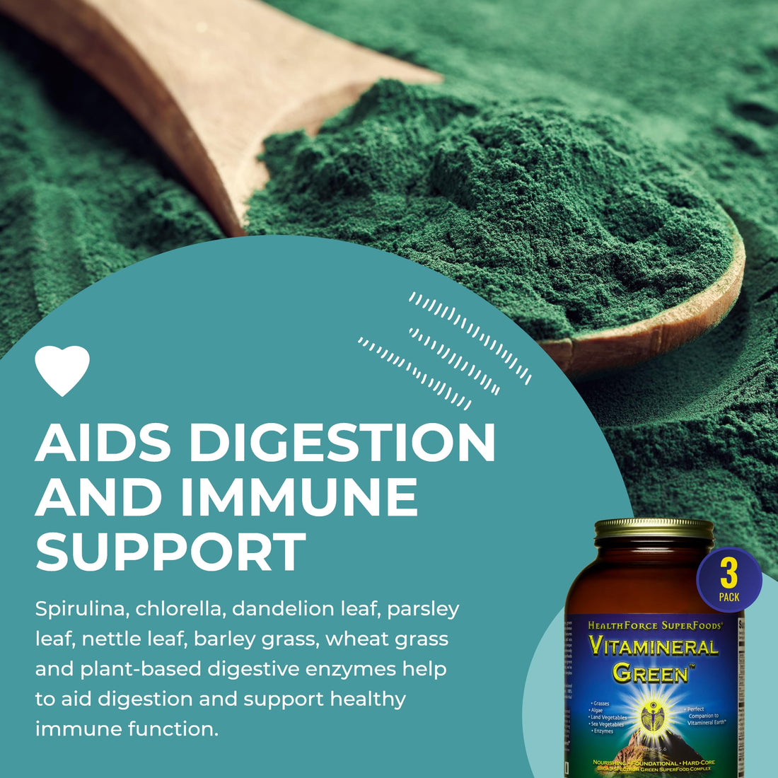 HealthForce SuperFoods Vitamineral Green - Mineral Supplement for Immune & Thyroid Support - Green Powder Supplement with Ingredients from The Land - Gluten-Free & Vegan - 500 Grams (Pack of 3)