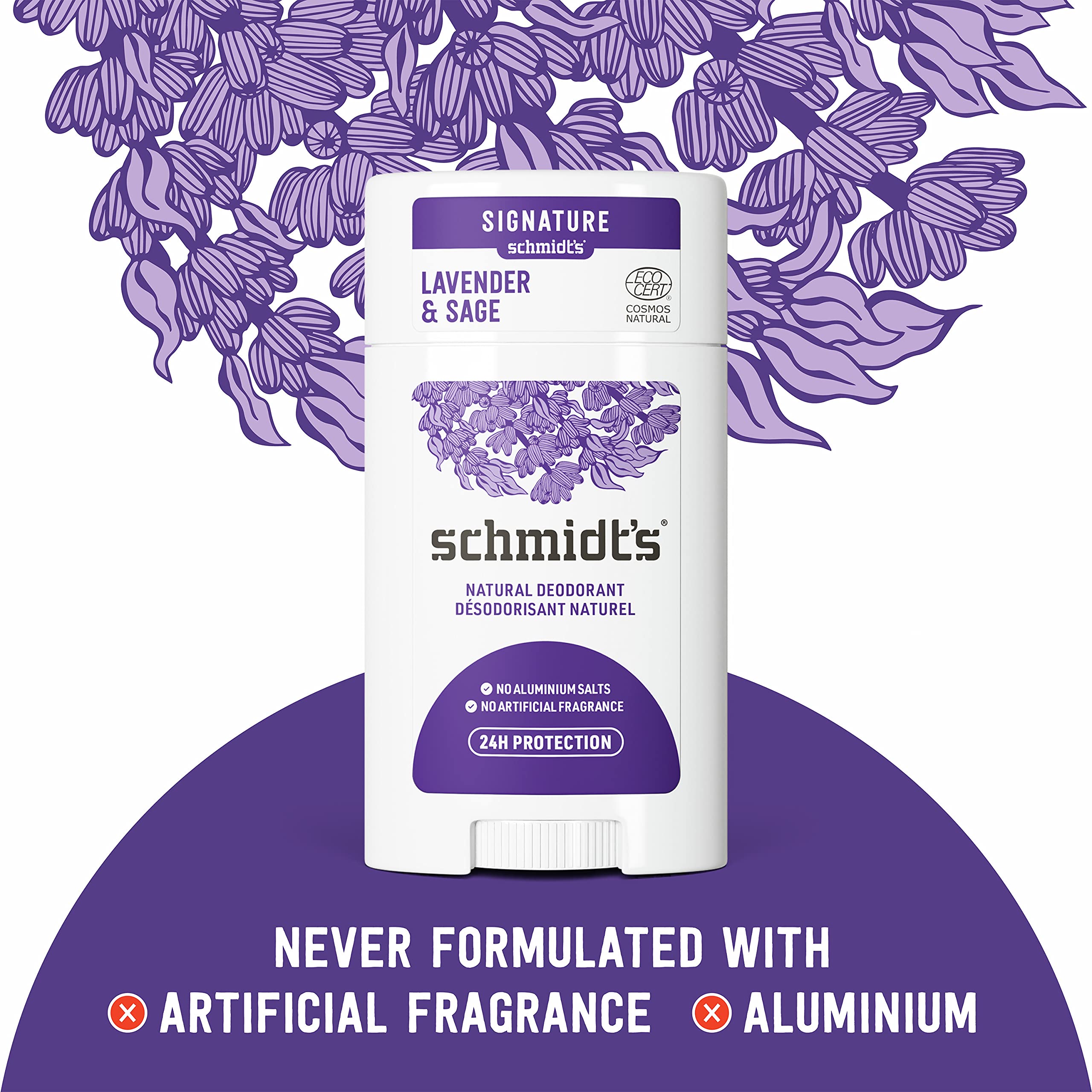 Schmidt's Aluminum Free Natural Deodorant for Women and Men, Lavender and Sage with 24 Hour Odor Protection, Certified Natural, Vegan, Cruelty Free, 2.65 oz