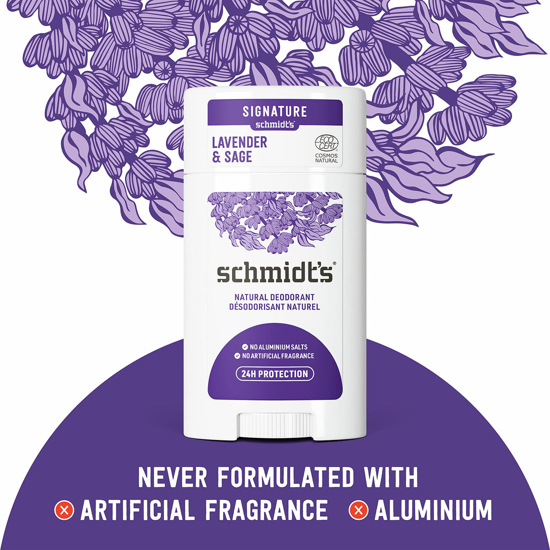 Schmidt's Aluminum Free Natural Deodorant for Women and Men, Lavender and Sage with 24 Hour Odor Protection, Certified Natural, Vegan, Cruelty Free, 2.65 oz