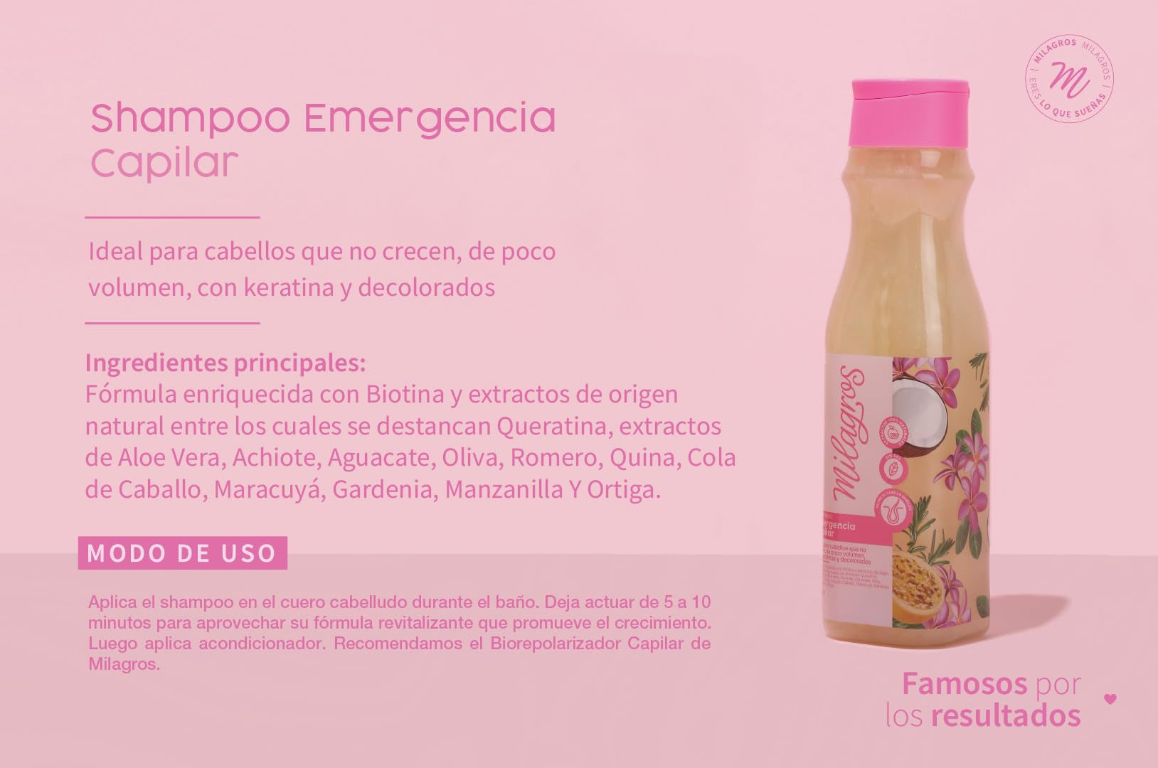 Generic Emergencia Capilar Kit of 2 Milagros Colombian Hair Care Products Shampoo and Treatment for Natural Growth, Strengthening, and Repair, 100% Natural, Pink