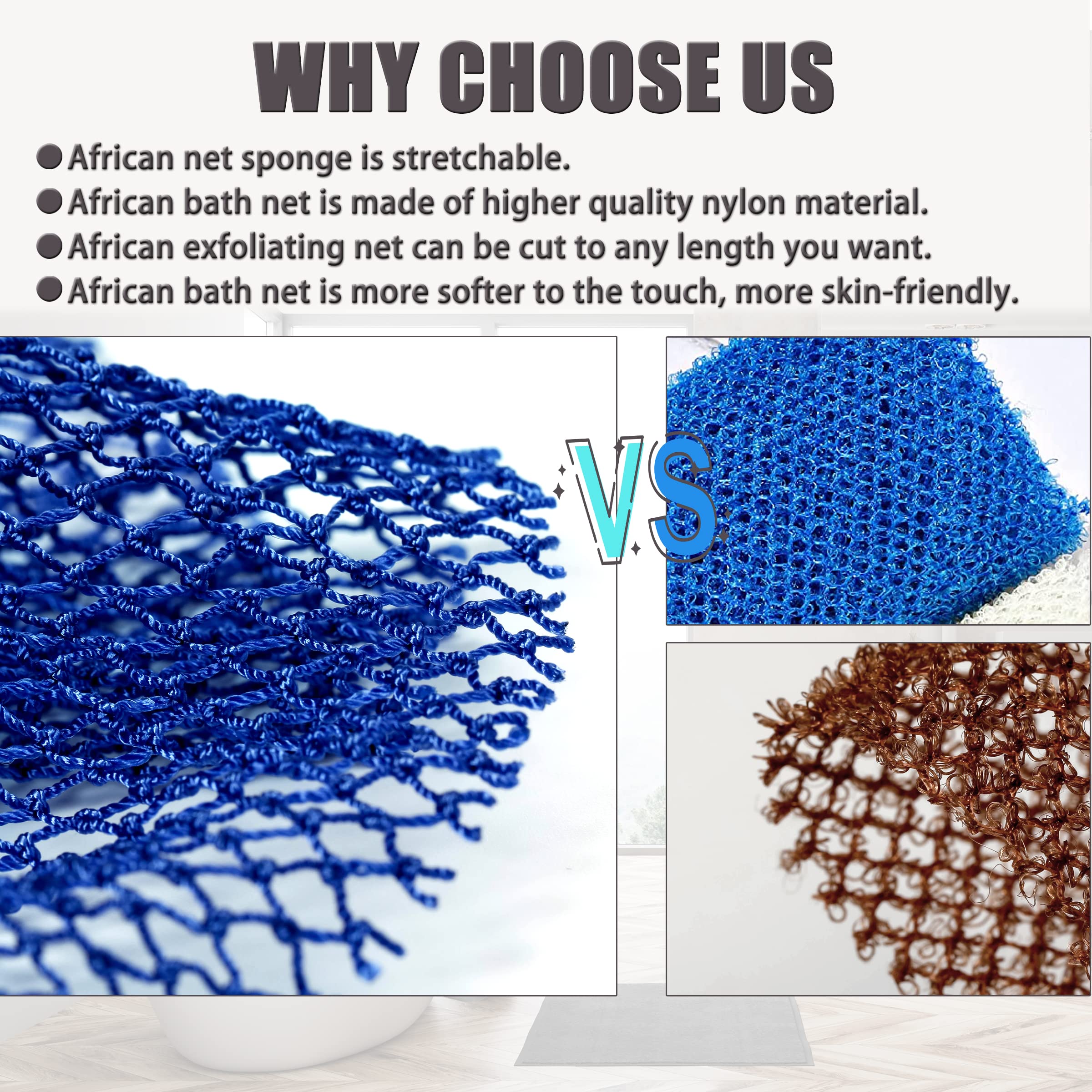 African Net Sponge, 2 Pieces Exfoliating Premium Nylon Bathing/Wash Net for Daily Back Body Scrub Scrubber Shower Net (Black, Blue) …