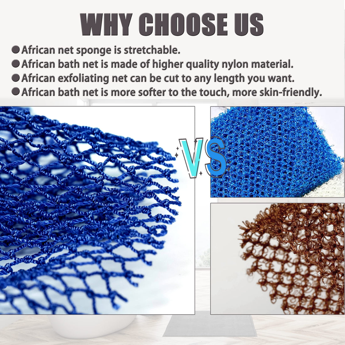 African Net Sponge, 2 Pieces Exfoliating Premium Nylon Bathing/Wash Net for Daily Back Body Scrub Scrubber Shower Net (Black, Blue) …