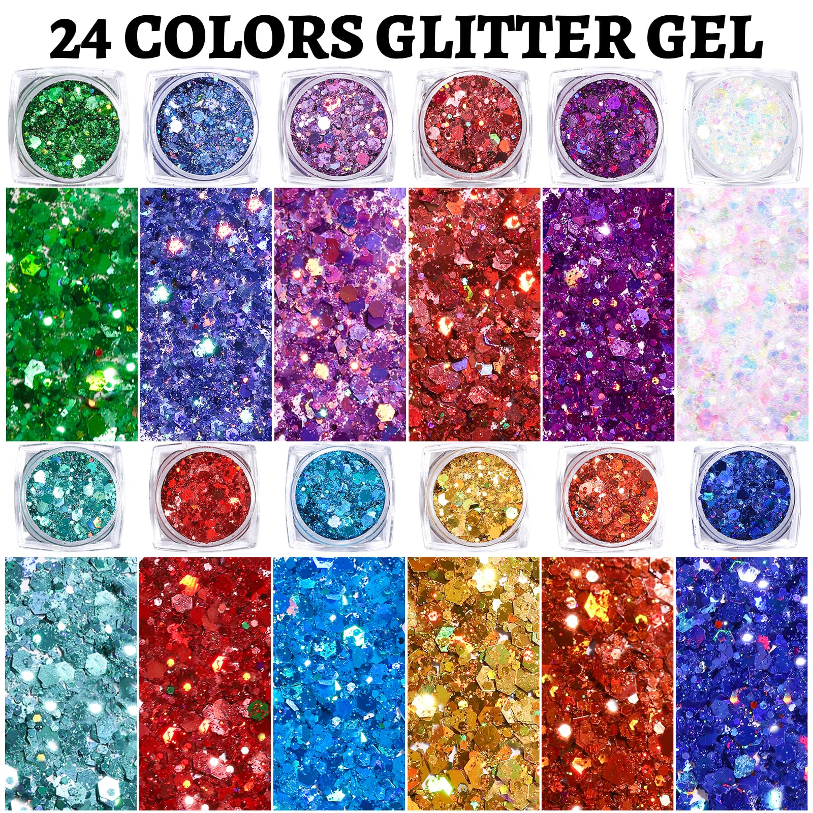 Teenitor 24 Colors Body & Hair Glitter Gel - Face, Body, Hair Glitter for Halloween Makeup