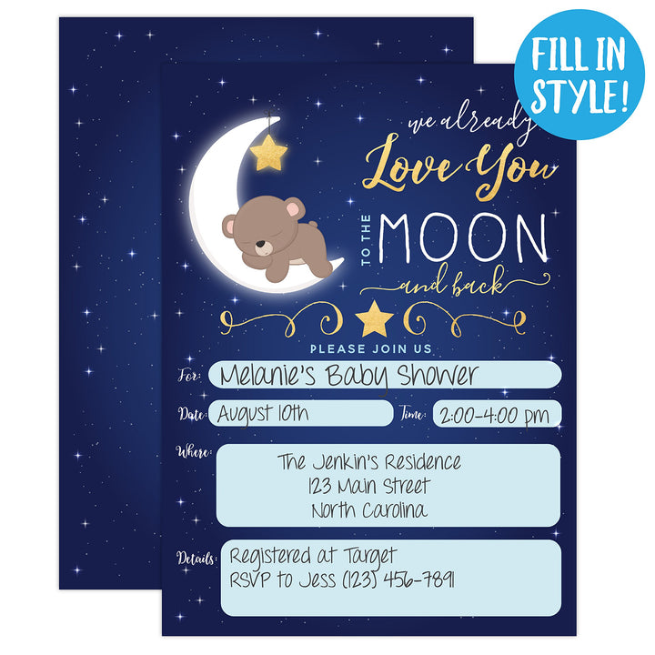Boy Baby Shower Invitation, Love You to The Moon and Back Baby Shower Invitation, Bear Baby Shower Invite, Twinkle Twinkle Little SAR, 20 Fill in Invitations and Envelopes