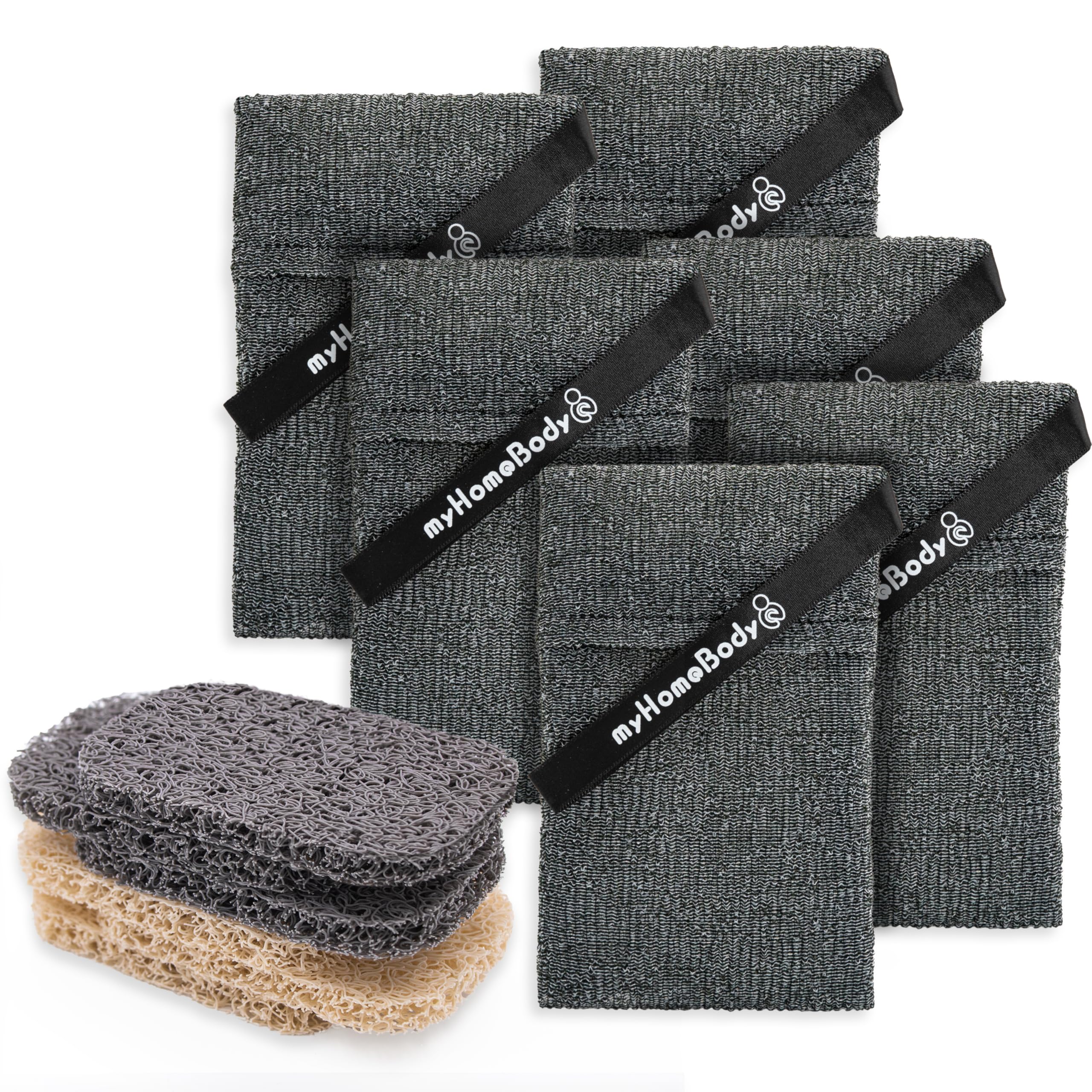 myHomeBody Soap Pocket Exfoliating Pouch, Body Scrubber Sponge, Exfoliator for Bath, Shower or Leftover Bits Saver, Graphite Gray, 6 Pack + 6 Lift Pads