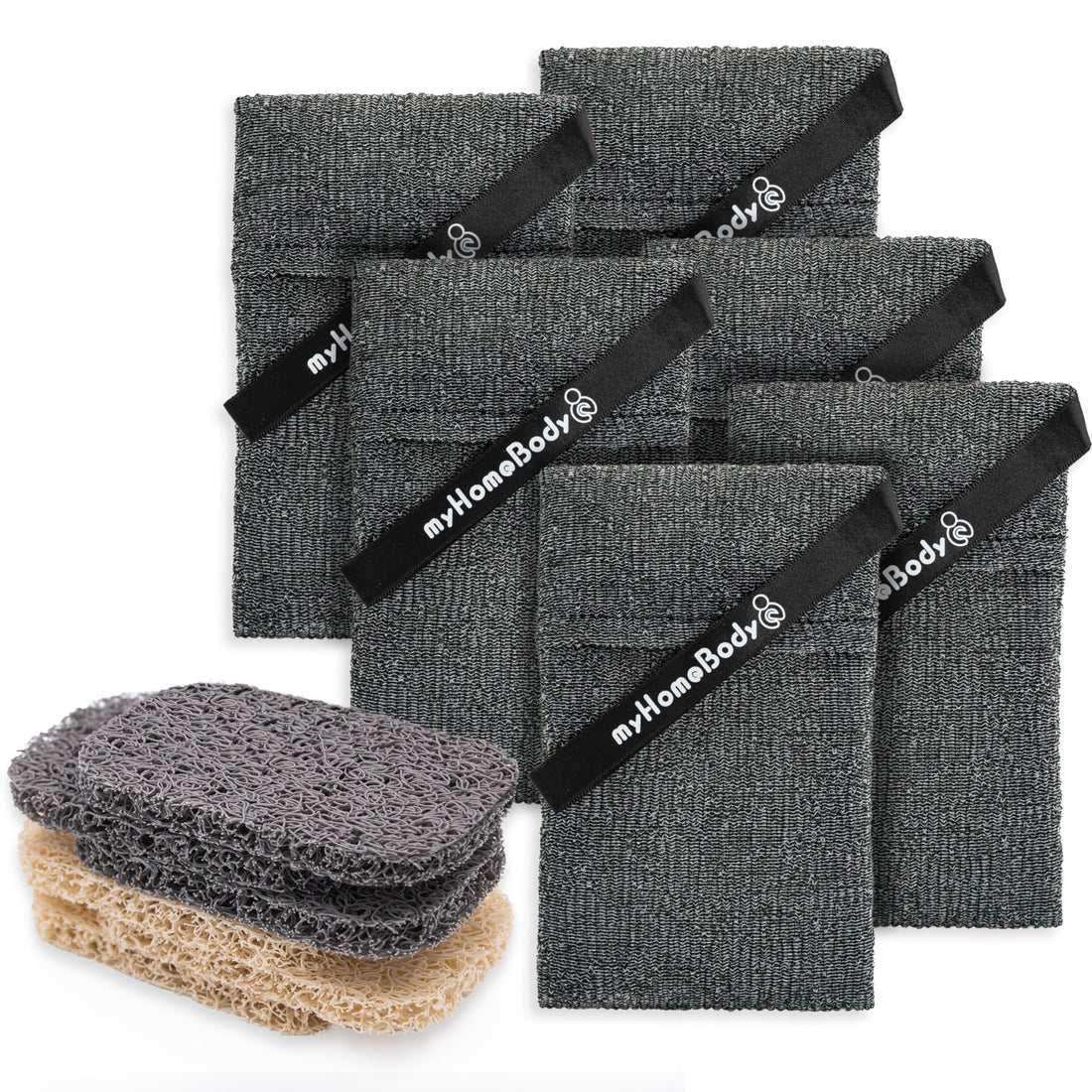 myHomeBody Soap Pocket Exfoliating Pouch, Body Scrubber Sponge, Exfoliator for Bath, Shower or Leftover Bits Saver, Graphite Gray, 6 Pack + 6 Lift Pads