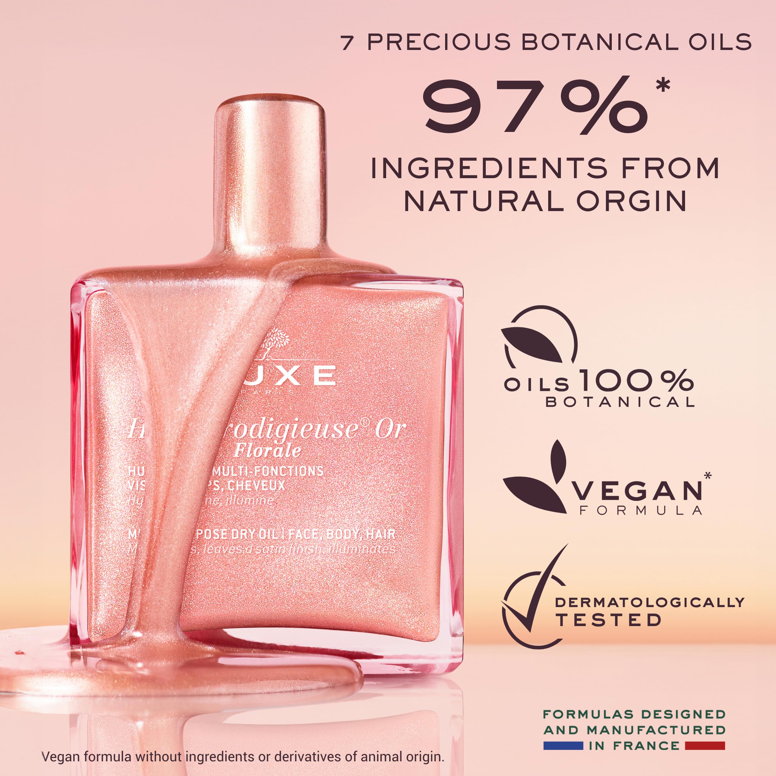 Nuxe Huile Prodigieuse Floral Shimmering Multi Purpose Dry Oil for Face, Body & Hair. Luxurious Rose Gold Glow and Deep Hydration, 1.6 fl.oz.
