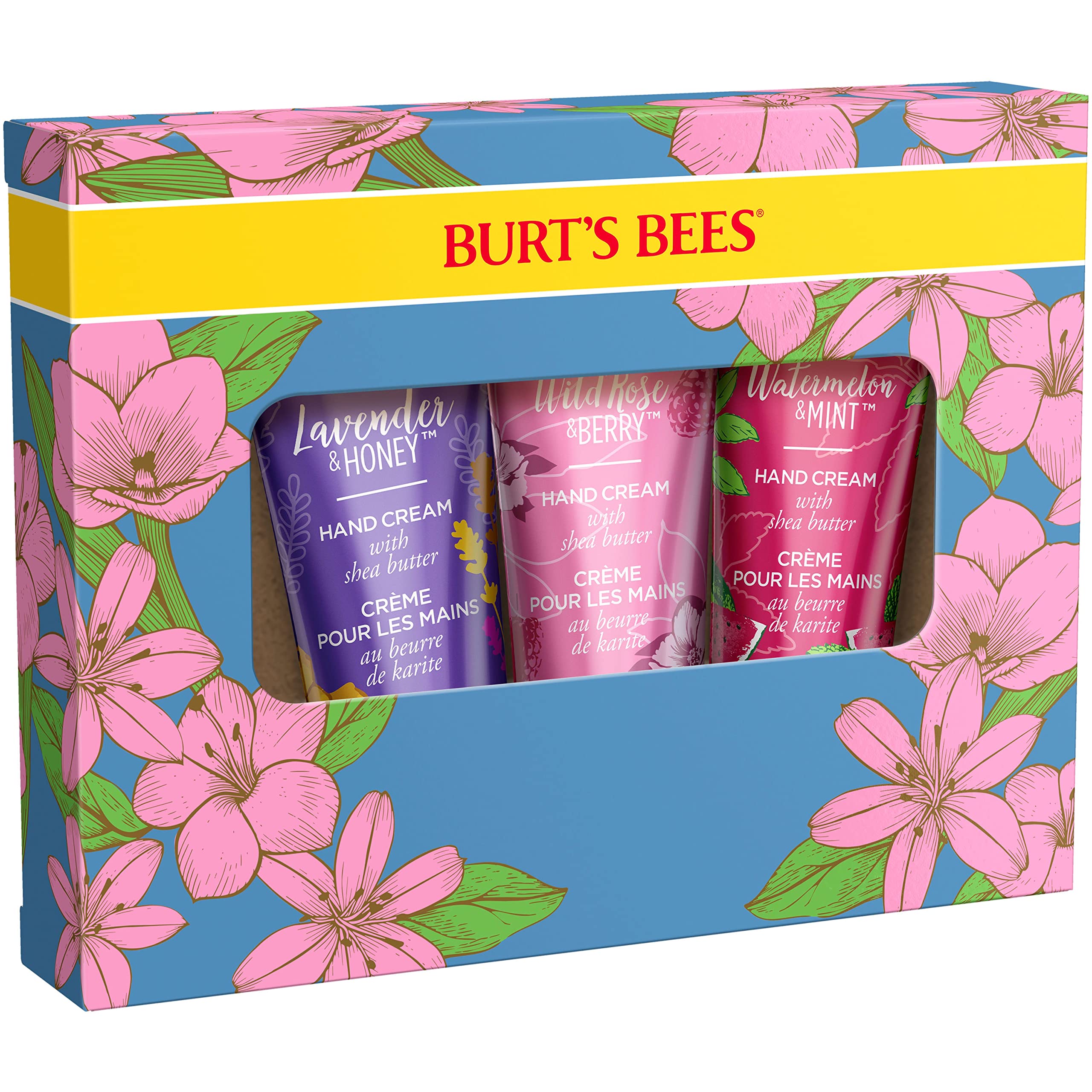 Burt's Bees Spring Gift, 3 Moisturizing Self Care Gifts, Shea Butter Hand Cream Trio Spring Set - Lavender & Honey, Wild Rose & Berry and Watermelon & Mint (Packaging May Vary)