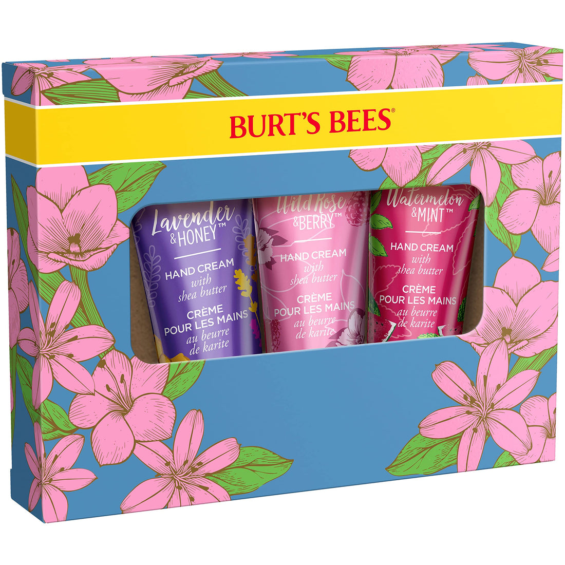 Burt's Bees Spring Gift, 3 Moisturizing Self Care Gifts, Shea Butter Hand Cream Trio Spring Set - Lavender & Honey, Wild Rose & Berry and Watermelon & Mint (Packaging May Vary)