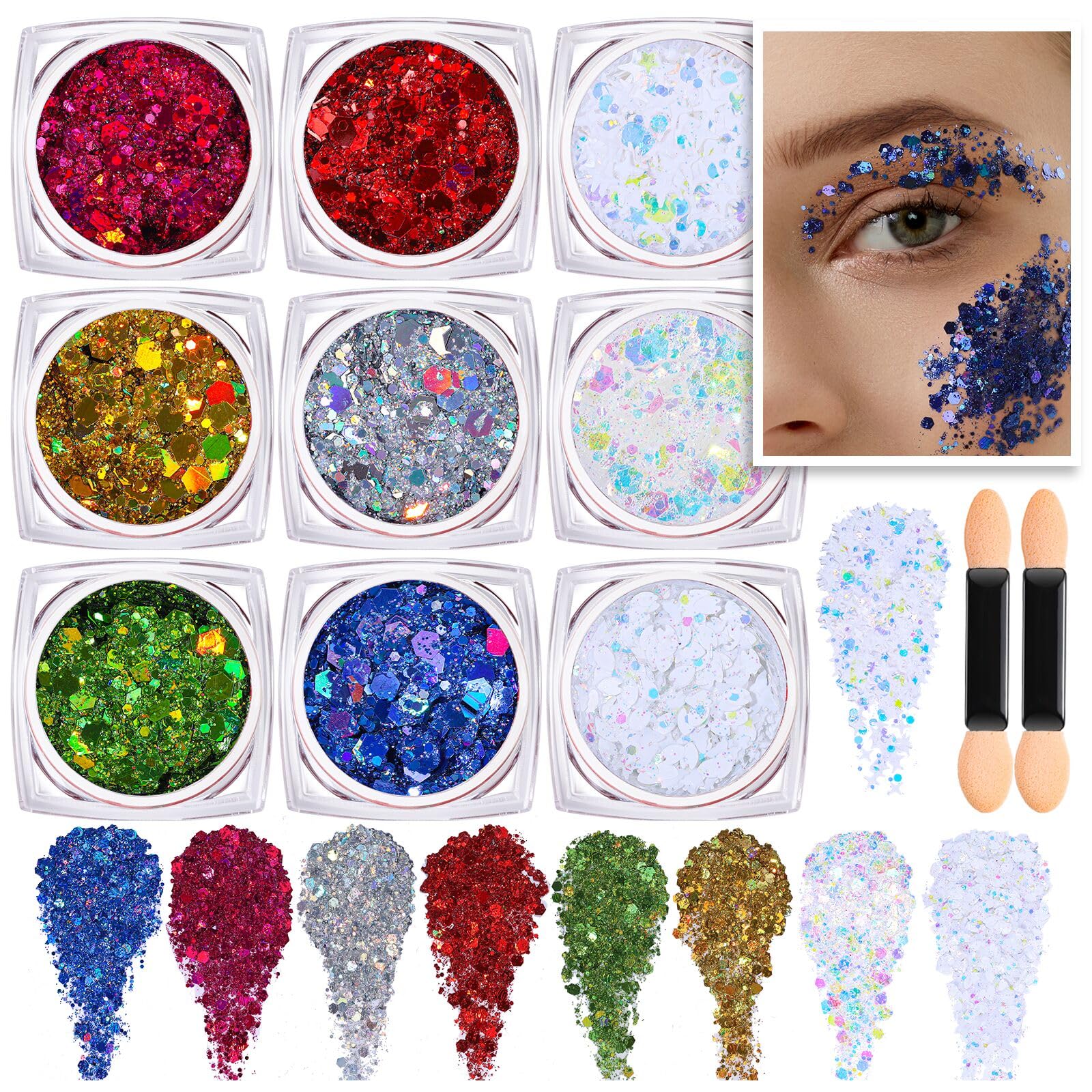 Teenitor Face Glitter, 9 Jars Body Glitter Gel, 9 Colors Makeup Gel Glitter for Face and Body, Hair