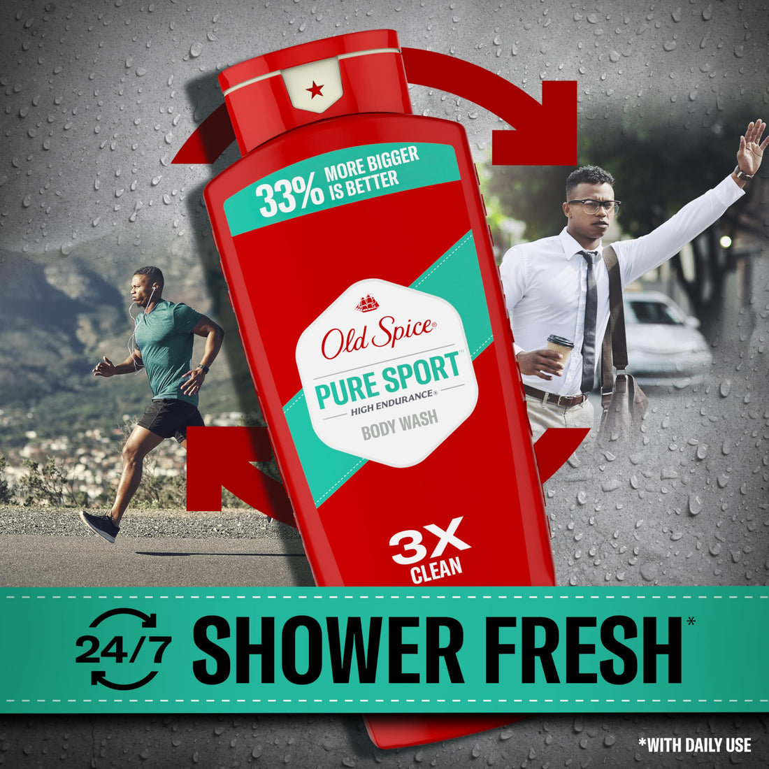 Old Spice Refreshing Body Wash for Men, High Endurance, 3X Defense, 24/7 Shower Fresh with Long Lasting Scent, Pure Sport Scent, 24 oz (Pack of 2)