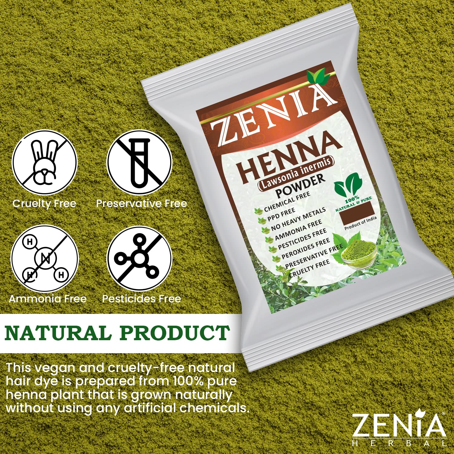 Zenia 100% Pure & Natural Henna Powder (Lawsonia Inermis) | 454 grams (1 lb) | Orange-Red Hair Color | Triple Sifted | Fresh from Rajasthan | No Chemicals, No Additives