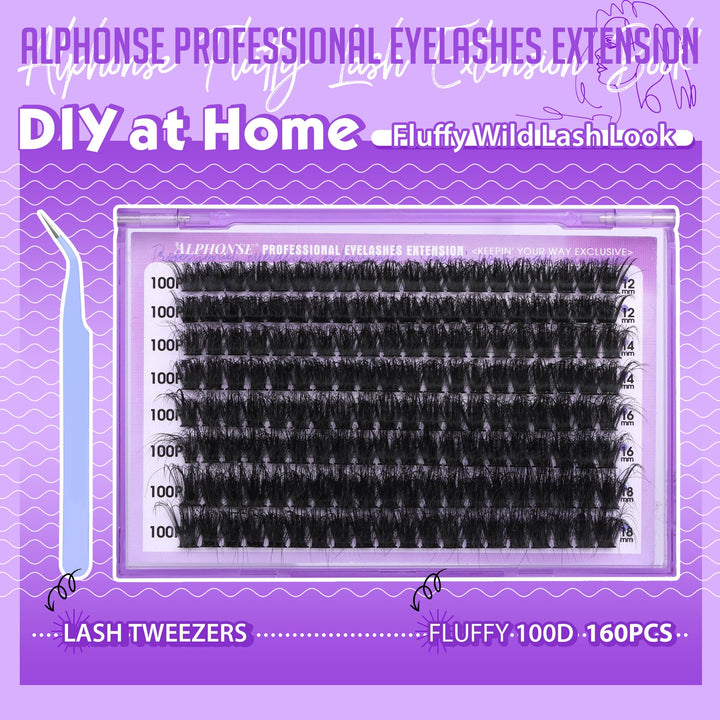 Fluffier Lash Clusters Kit 12-18mm Cluster Eyelash Extensions 100D Volume Individual Lashes Clusters Thick Lash Extension Kit 160pcs pestañas pelo a pelo with tweezers by ALPHONSE