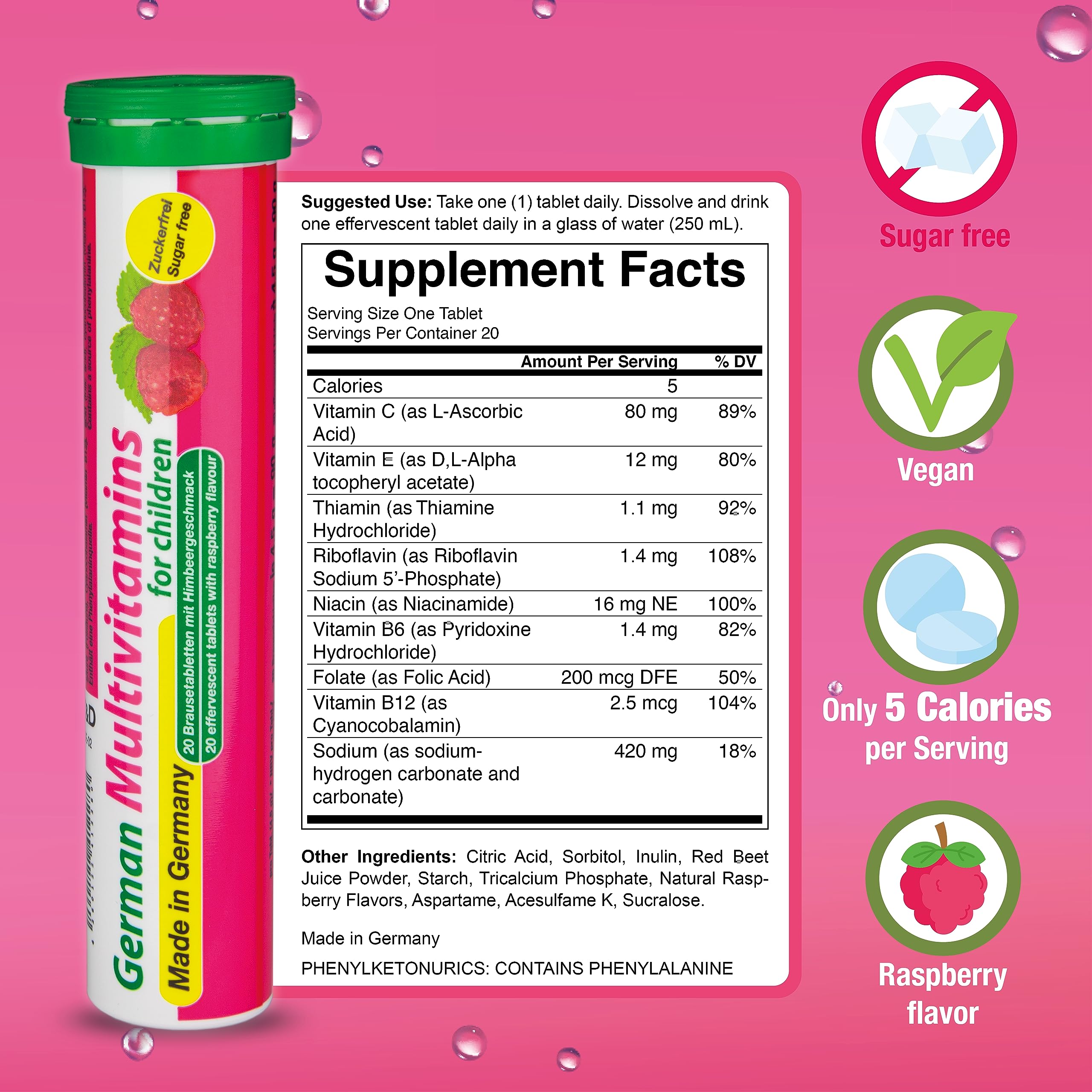 T&D German Multvitamin for Children 8 Vitamins - 240 Vegan Drink Effervescent Tablets - Raspberry Flavor - Made in Germany