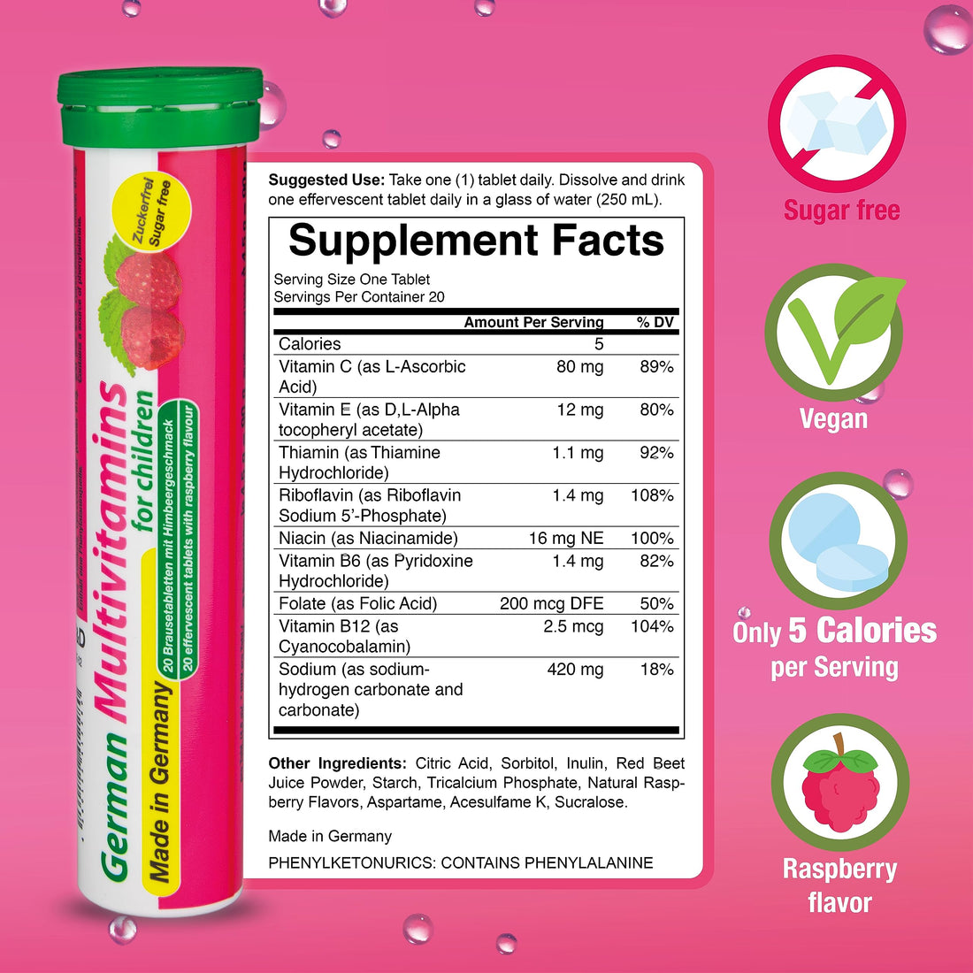 T&D German Multvitamin for Children 8 Vitamins - 240 Vegan Drink Effervescent Tablets - Raspberry Flavor - Made in Germany
