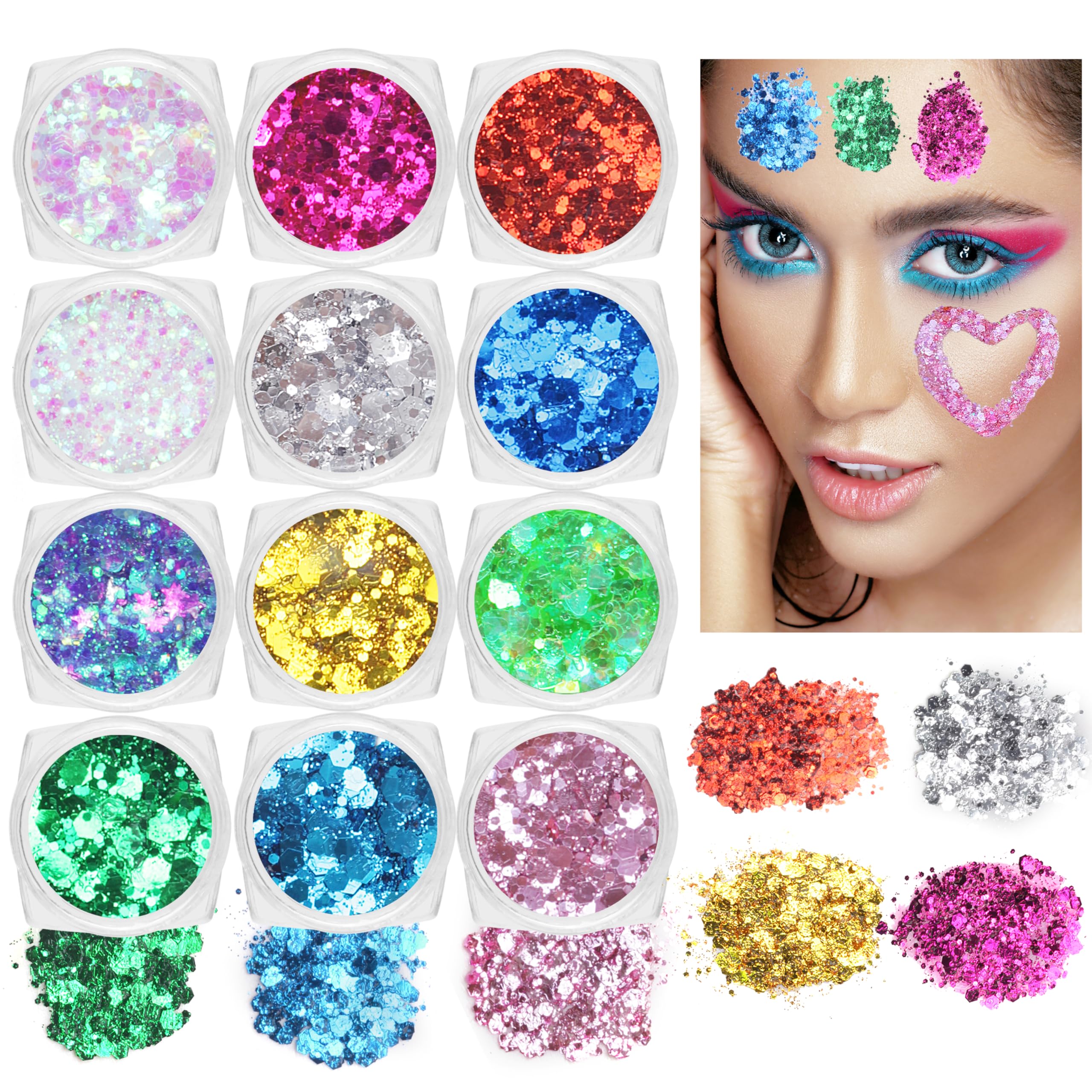MEICOLY 12 Colors Face and Body Glitter Palette Set, Sparkles, Chunky Hair Glitter, Mermaid Gel, Makeup, Festival Paint for Women and Kids