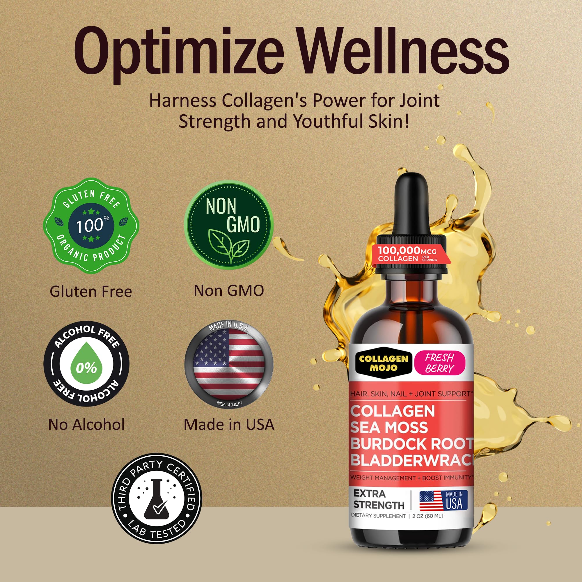 Collagen Mojo - Liquid Collagen for Women & Men, Collagen Peptides with Sea Moss, Burdock Root & Bladderwrack - Hair, Skin, Nails, Joint Support, Weight Management, High Absorption - 100,000mcg, 2 Oz