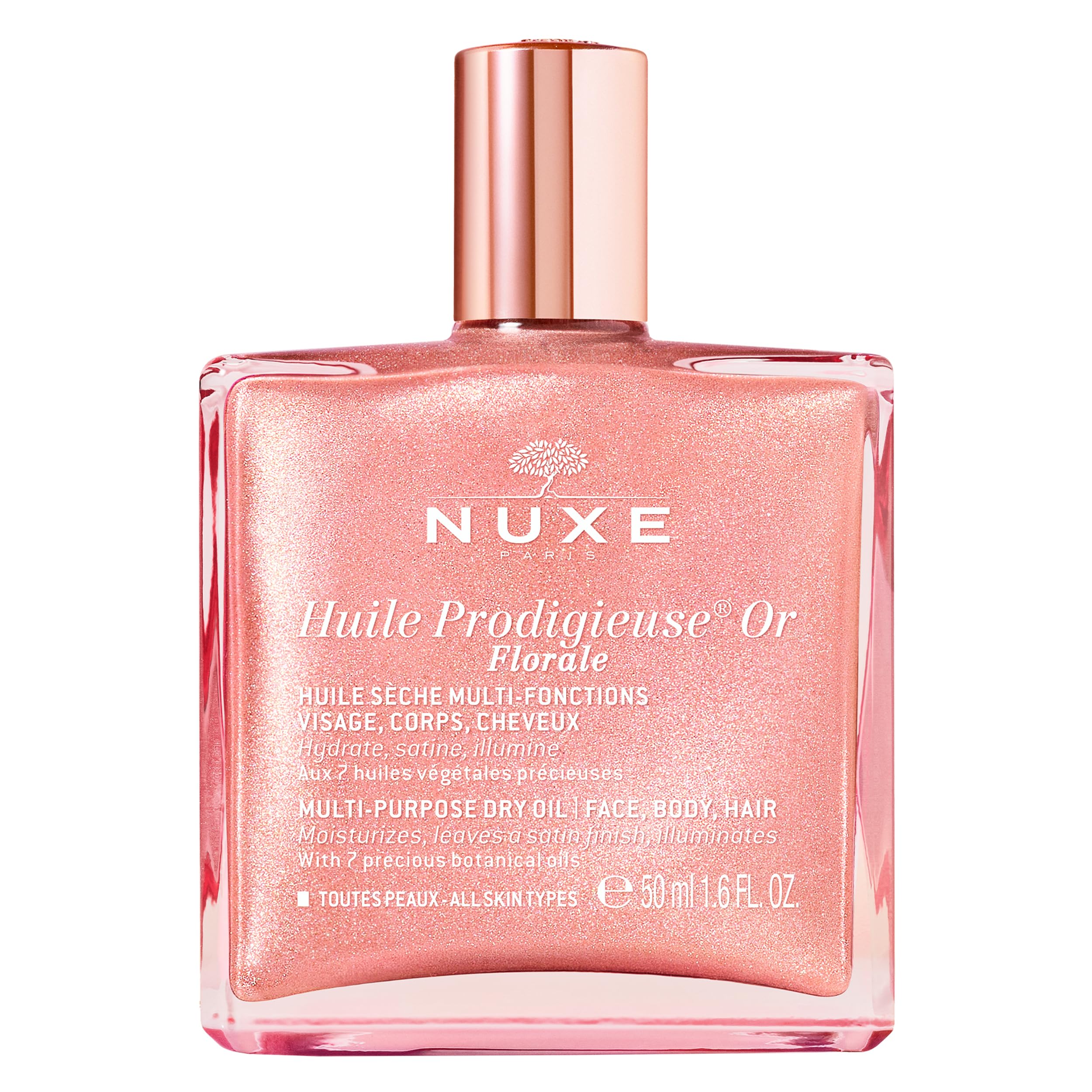 Nuxe Huile Prodigieuse Floral Shimmering Multi Purpose Dry Oil for Face, Body & Hair. Luxurious Rose Gold Glow and Deep Hydration, 1.6 fl.oz.