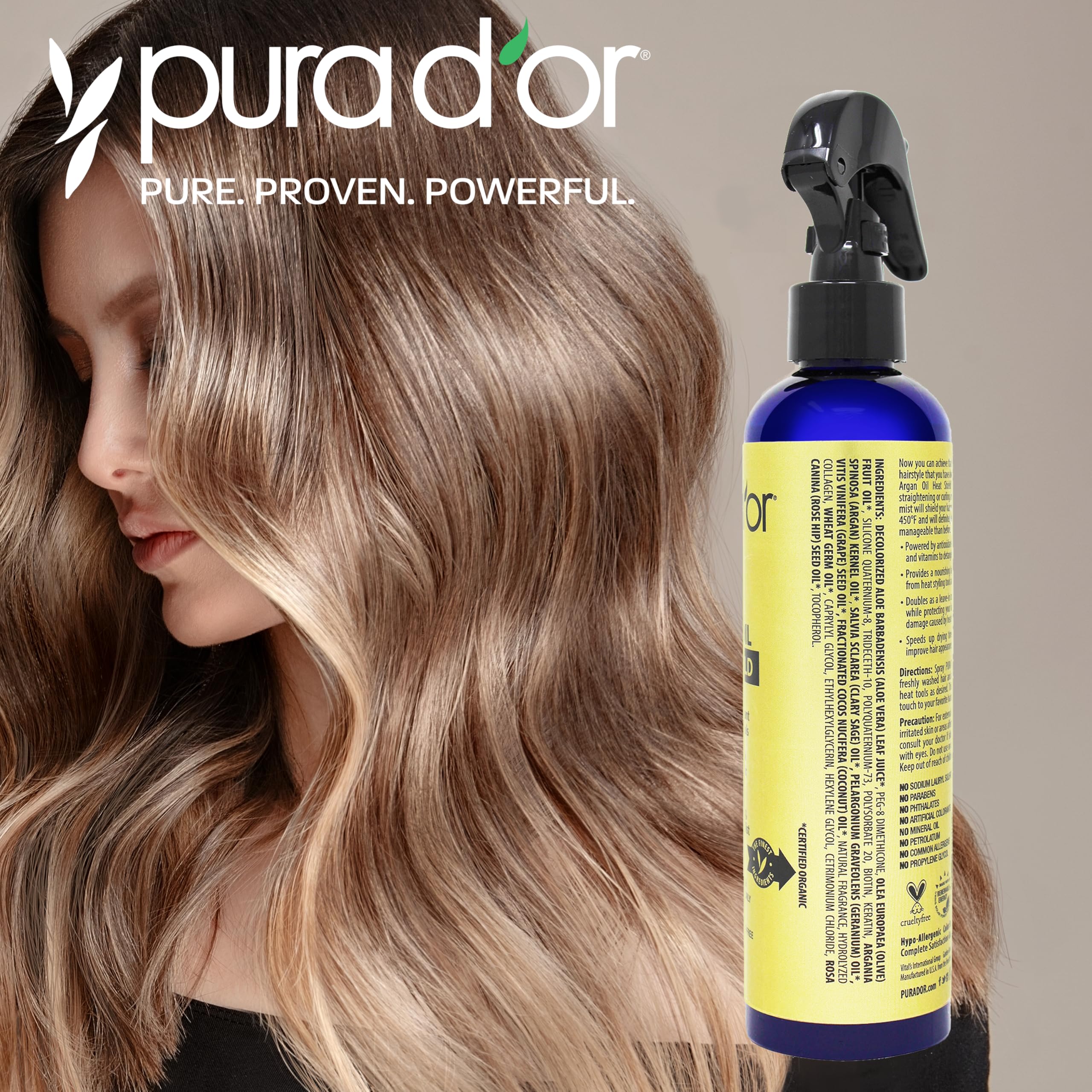 PURA D’OR Argan Oil Heat Shield Protectant Spray (8oz / 237mL) Infused w/ Organic Argan Oil: Protect up to 450º F from Flat Iron & Hot Blow Dry. Leave-In Conditioner: Define & Shine Dry & Damaged Hair