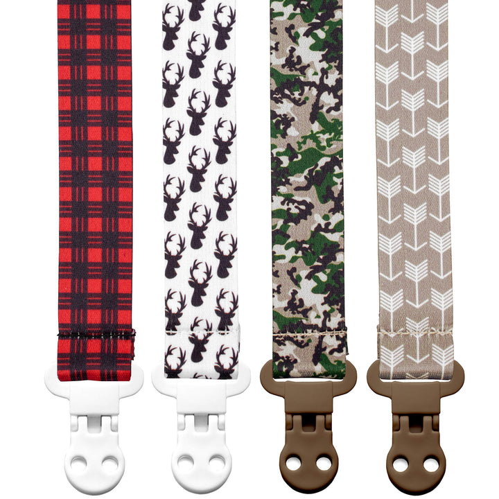 Stadela Baby Pacifier Clip Leash Soothie Teething Ring and Teether Toy Holder for Boy 4 Pack Baby Shower Birthday Gift Set Forest Animals Buffalo Check Plaid Arrows Deer (Hunting Adventure)