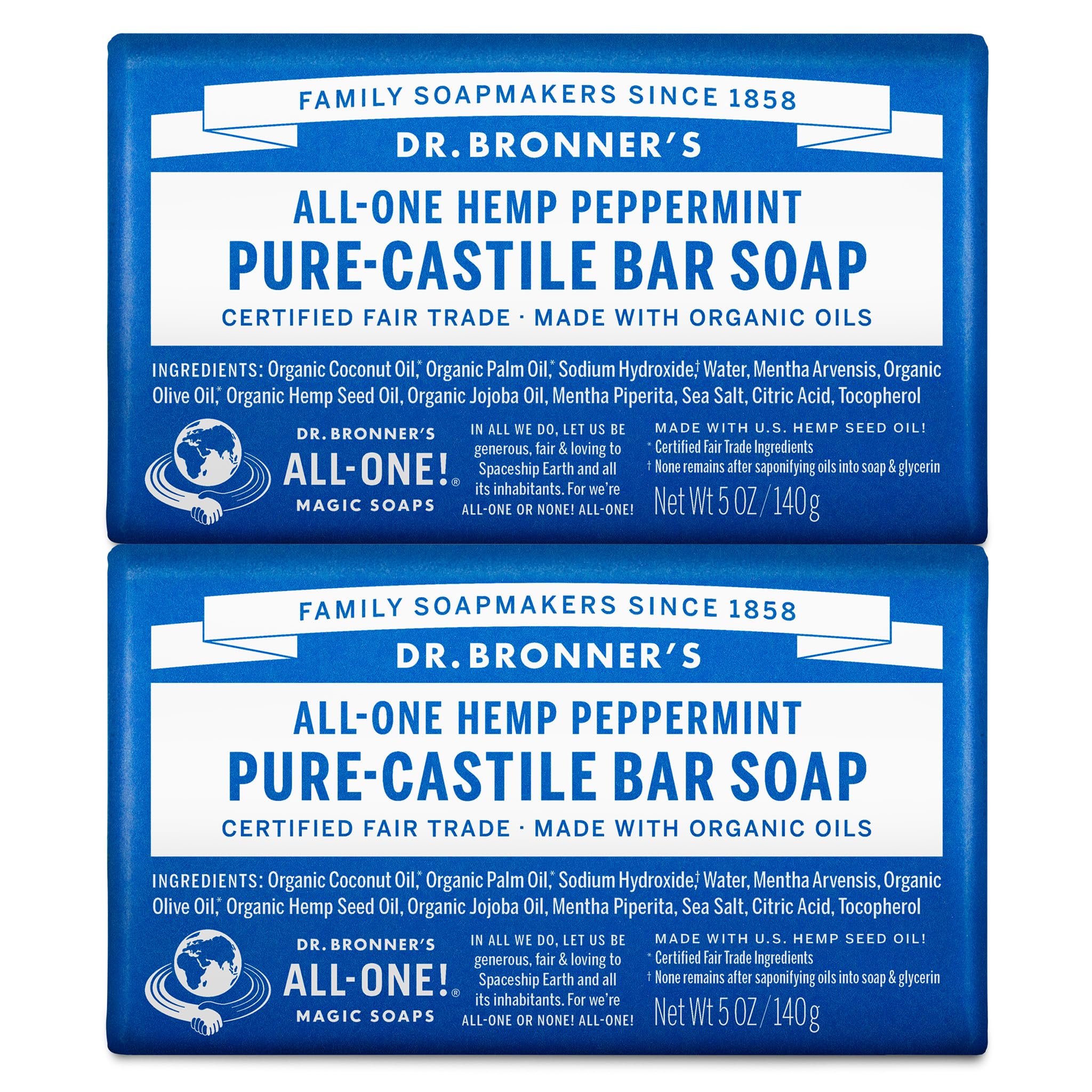 Dr. Bronner's Organic Pure Castile Bar Soap, Peppermint, 5 oz, 2 pk
