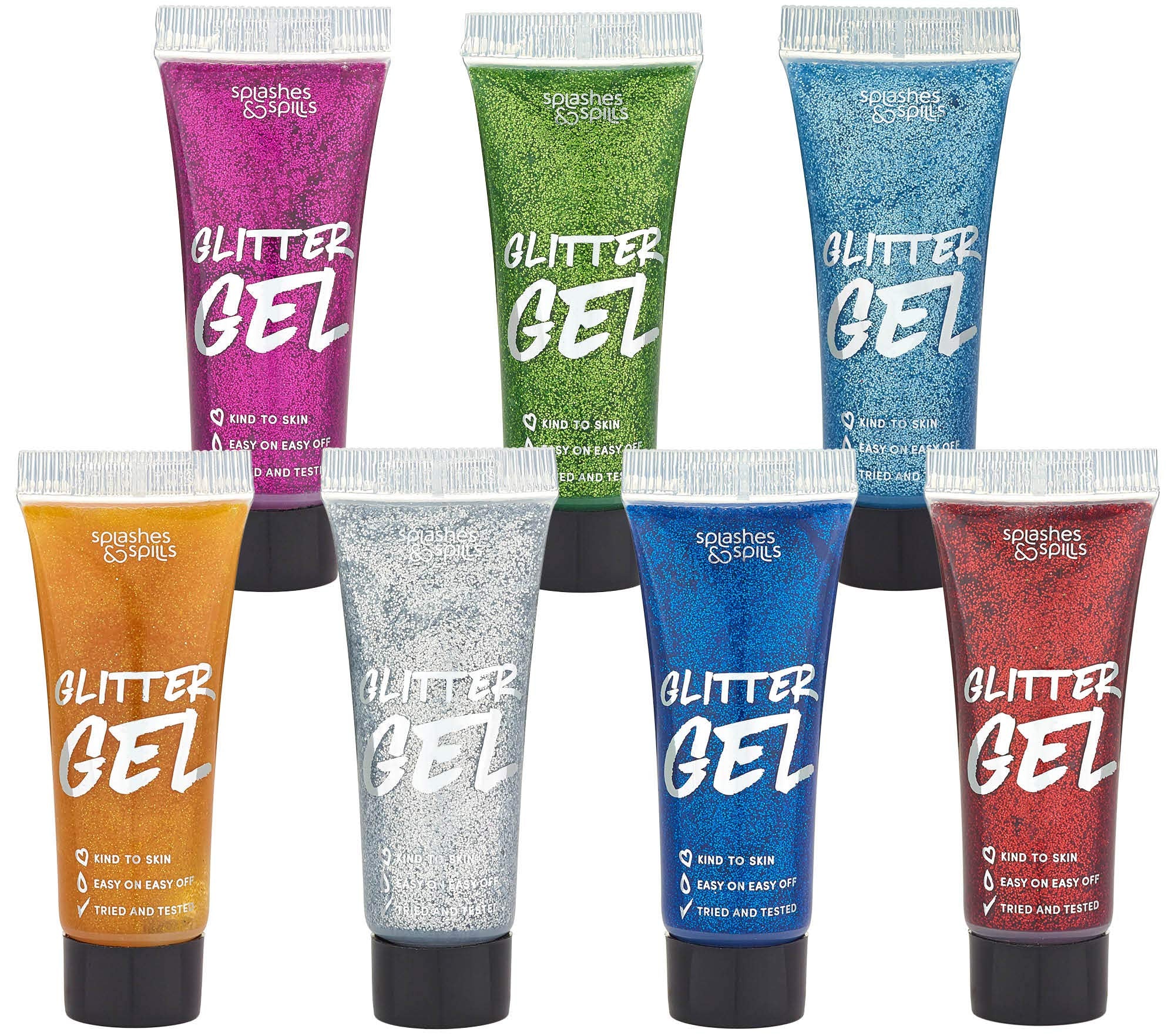 Body Glitter Paint Gel - 7 Color Costume Set for Women, Girls - 10 ml Tubes Holographic Shimmer Effect for Hair, Body, Face - Great for Festival, Costume Party, Halloween - by Splashes and Spills