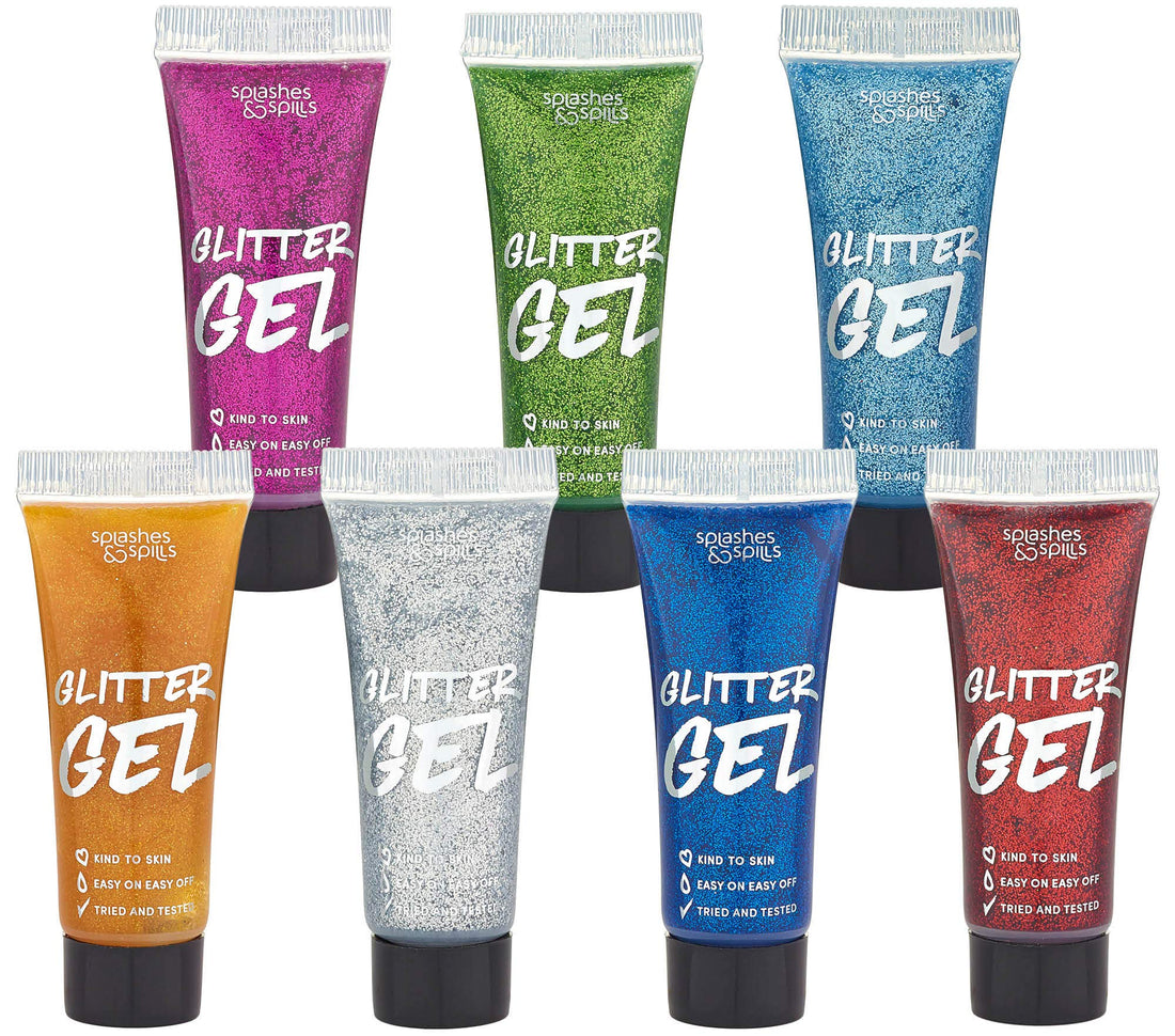 Body Glitter Paint Gel - 7 Color Costume Set for Women, Girls - 10 ml Tubes Holographic Shimmer Effect for Hair, Body, Face - Great for Festival, Costume Party, Halloween - by Splashes and Spills