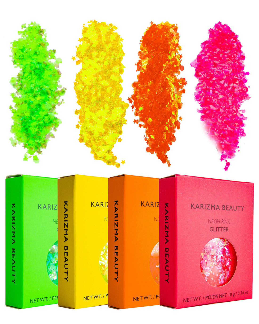 KARIZMA Neon Nights! 4X 10g Chunky Face Glitter, Hair Glitter, Eye Glitter and Body Glitter for Women and Men. Rave Glitter, Festival Accessories and Cosmetic Glitter Makeup. Loose Glitter Pots